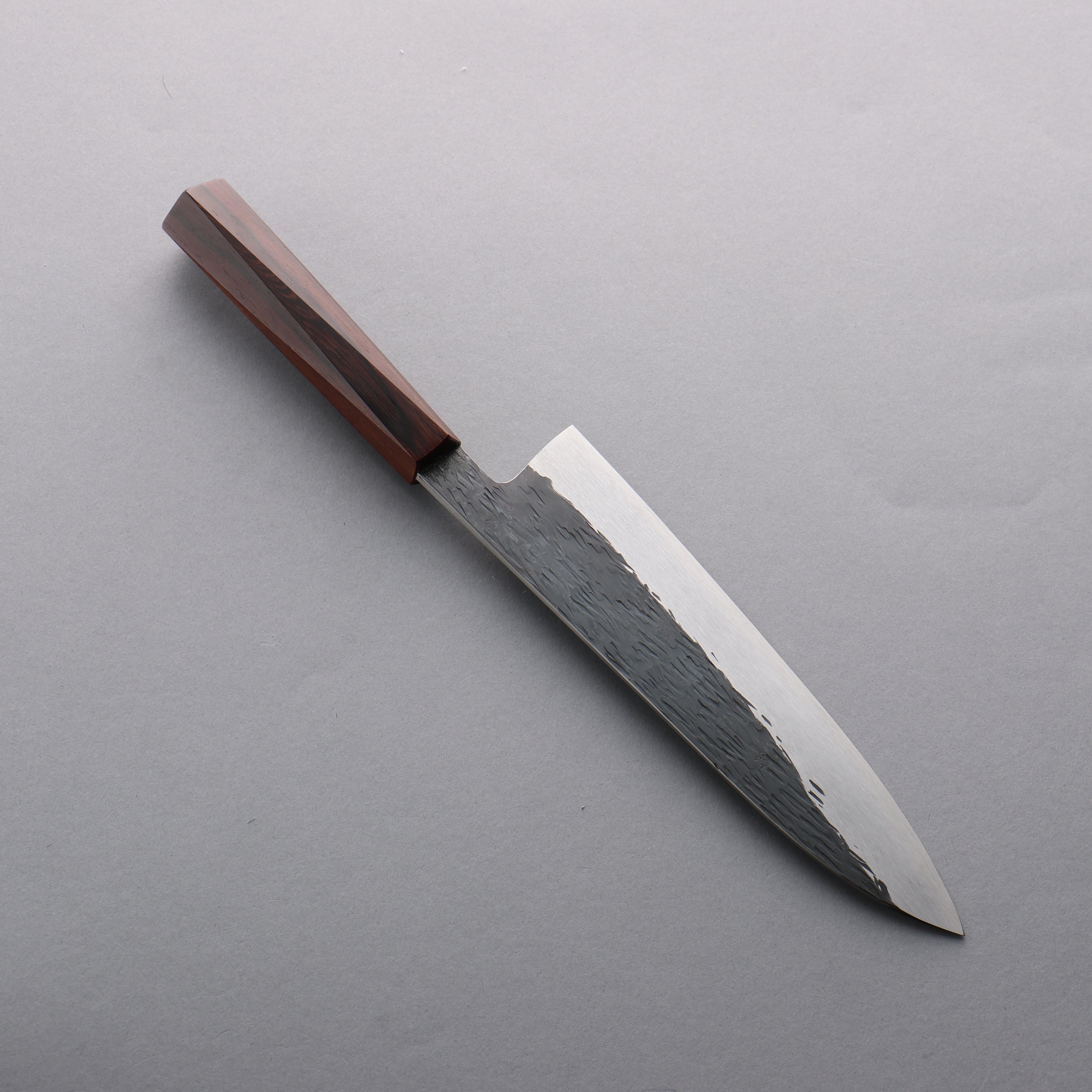 Isamitsu Abe Blue Super Hammered Kurouchi Gyuto 210mm Pentagonal Purple Bombay Black Wood Handle - Seisuke Knife