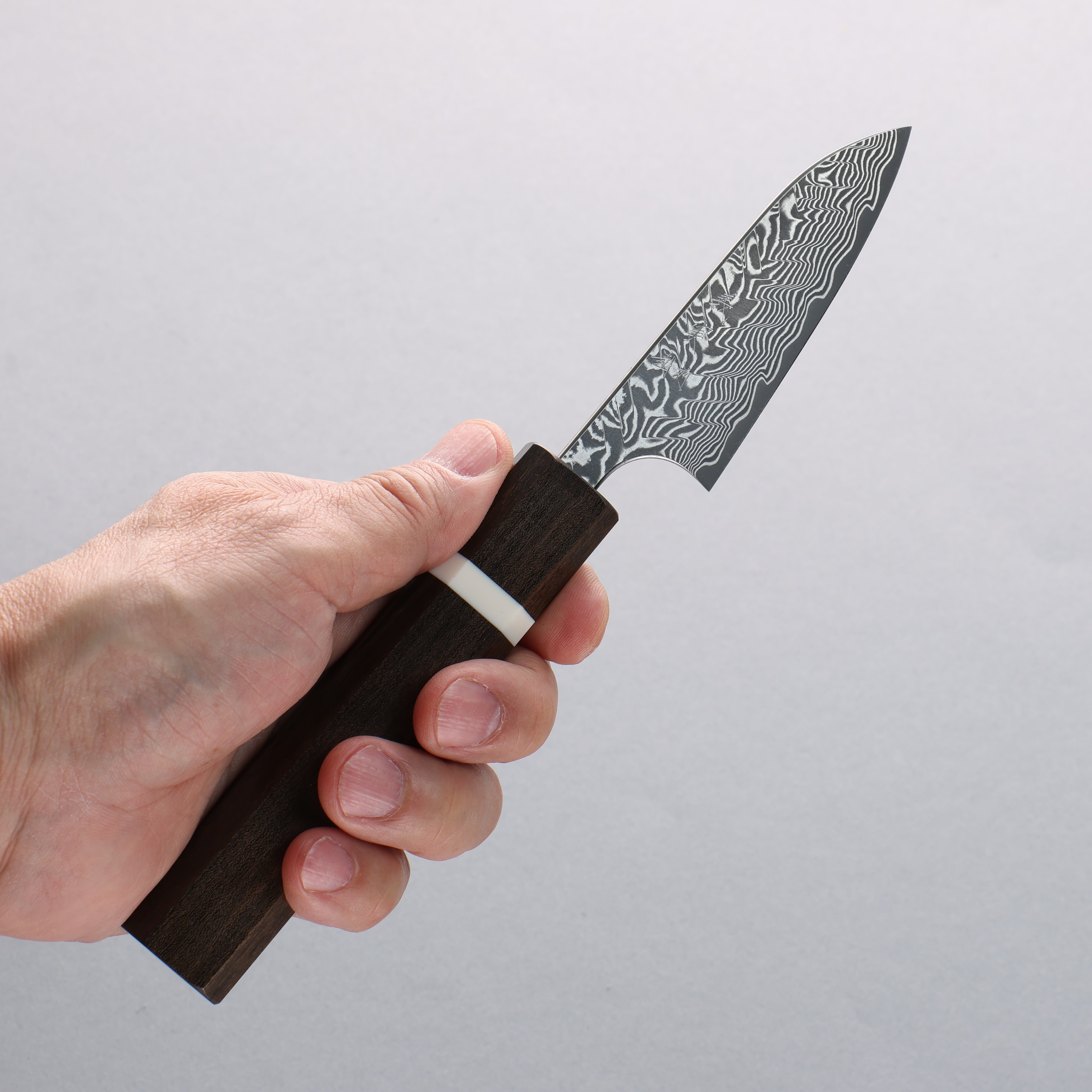 Yoshimi Kato SG2 Black Damascus Paring 75mm Sandalwood & White Ring Handle - Seisuke Knife