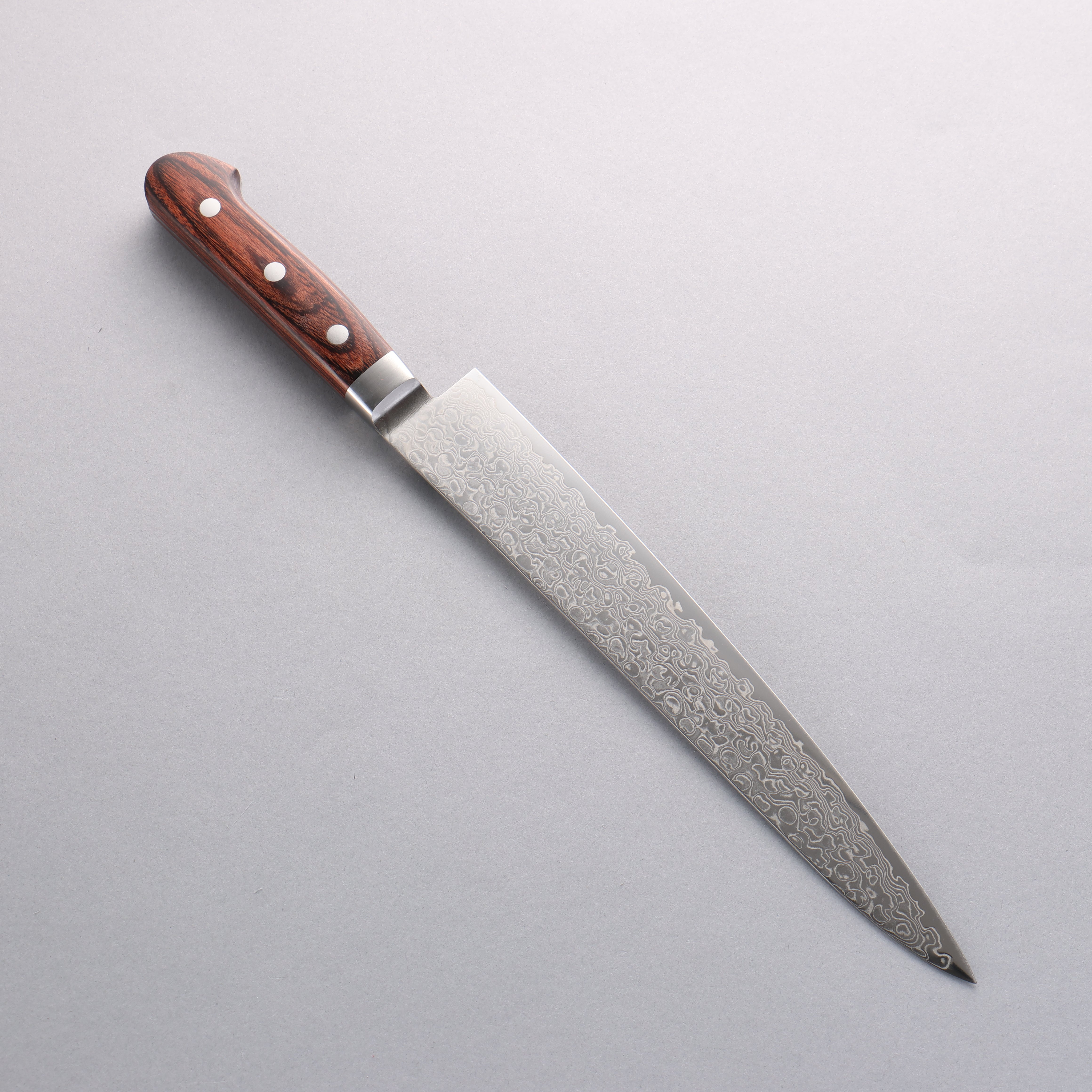 Seisuke Mokusei ZA-18 Mirrored Finish Damascus Sujihiki 240mm Brown Pakkawood Handle - Seisuke Knife