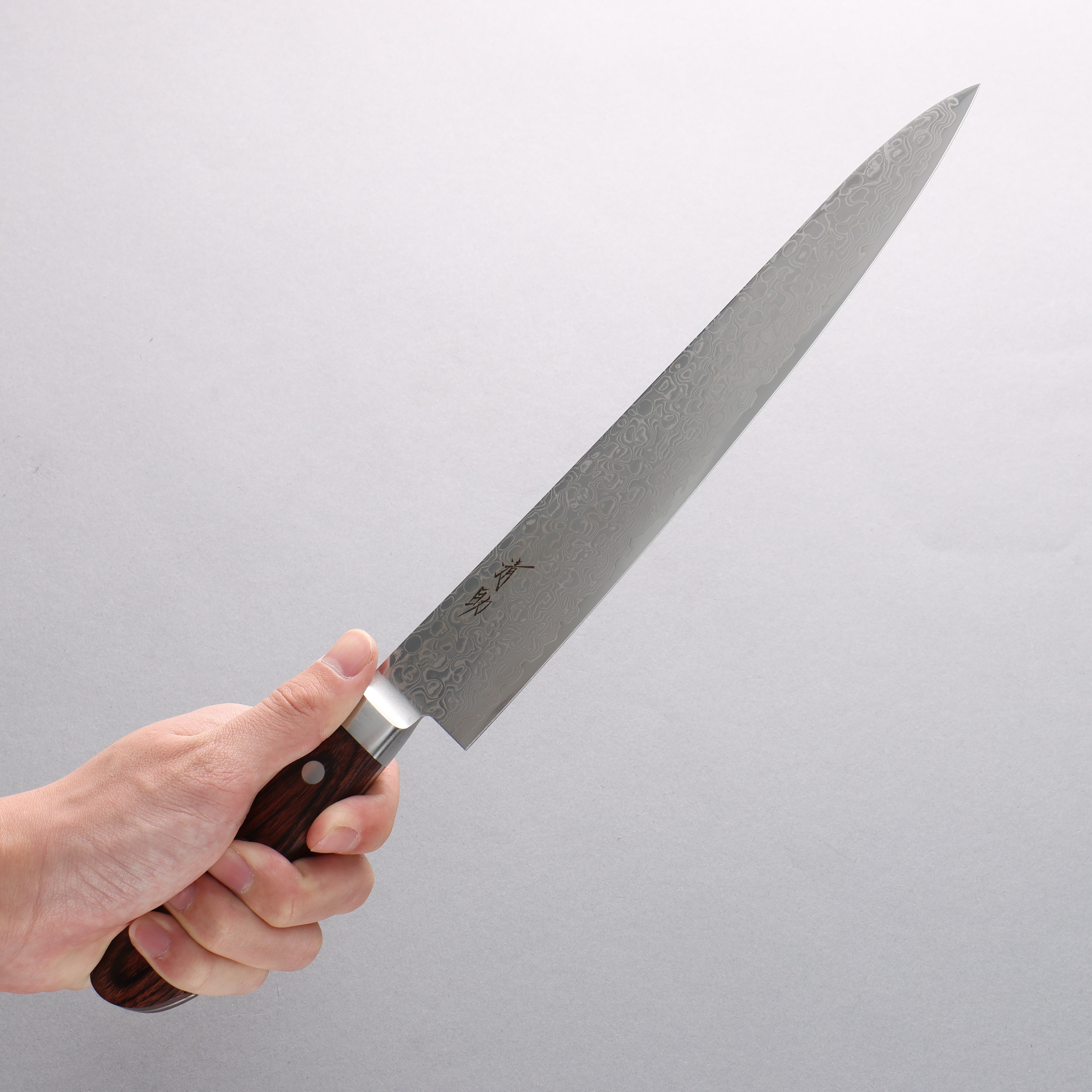 Seisuke Mokusei ZA-18 Mirrored Finish Damascus Sujihiki 240mm Brown Pakkawood Handle - Seisuke Knife