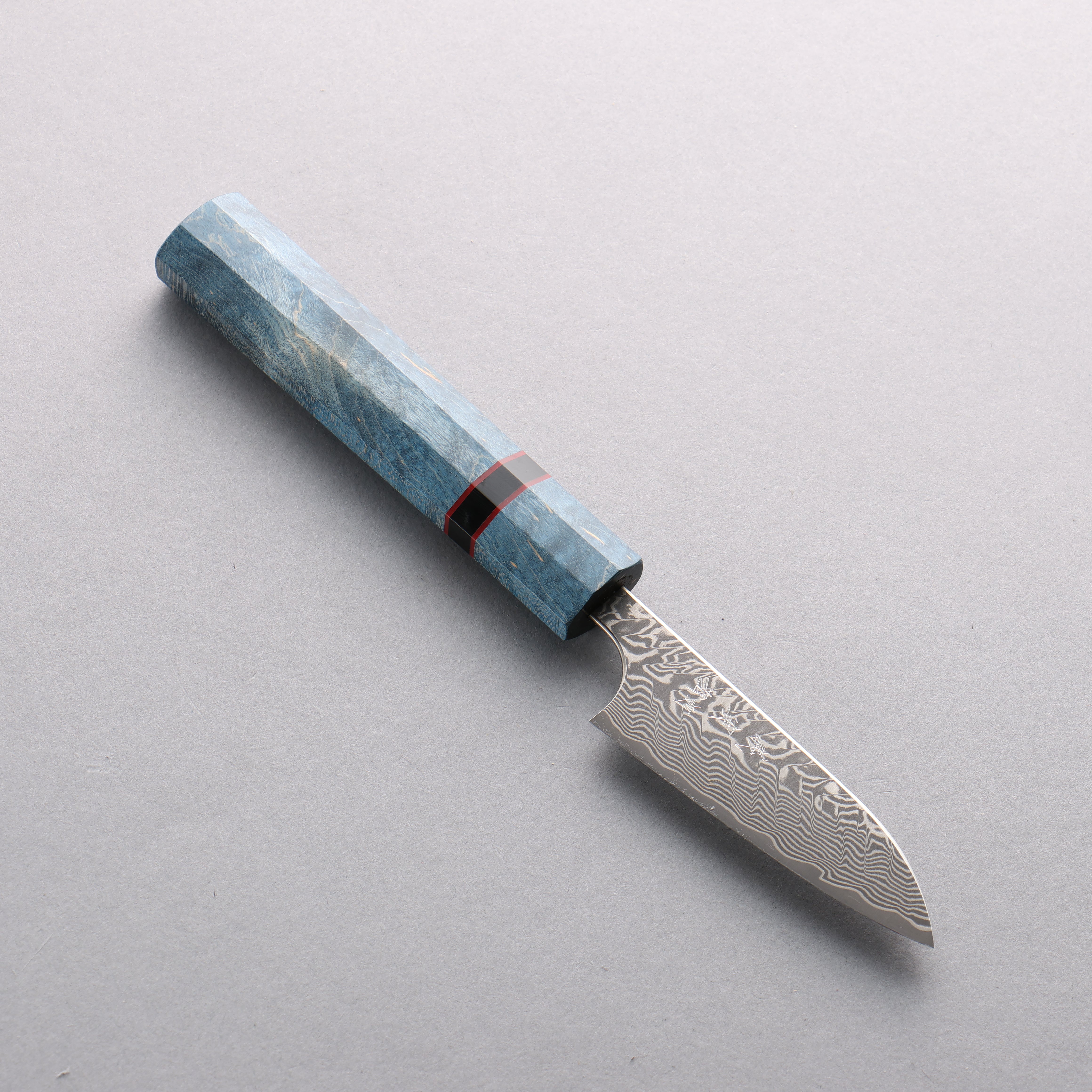 Yoshimi Kato SG2 Black Damascus Paring 75mm Blue Stabilized Wood & Black Ring Handle - Seisuke Knife