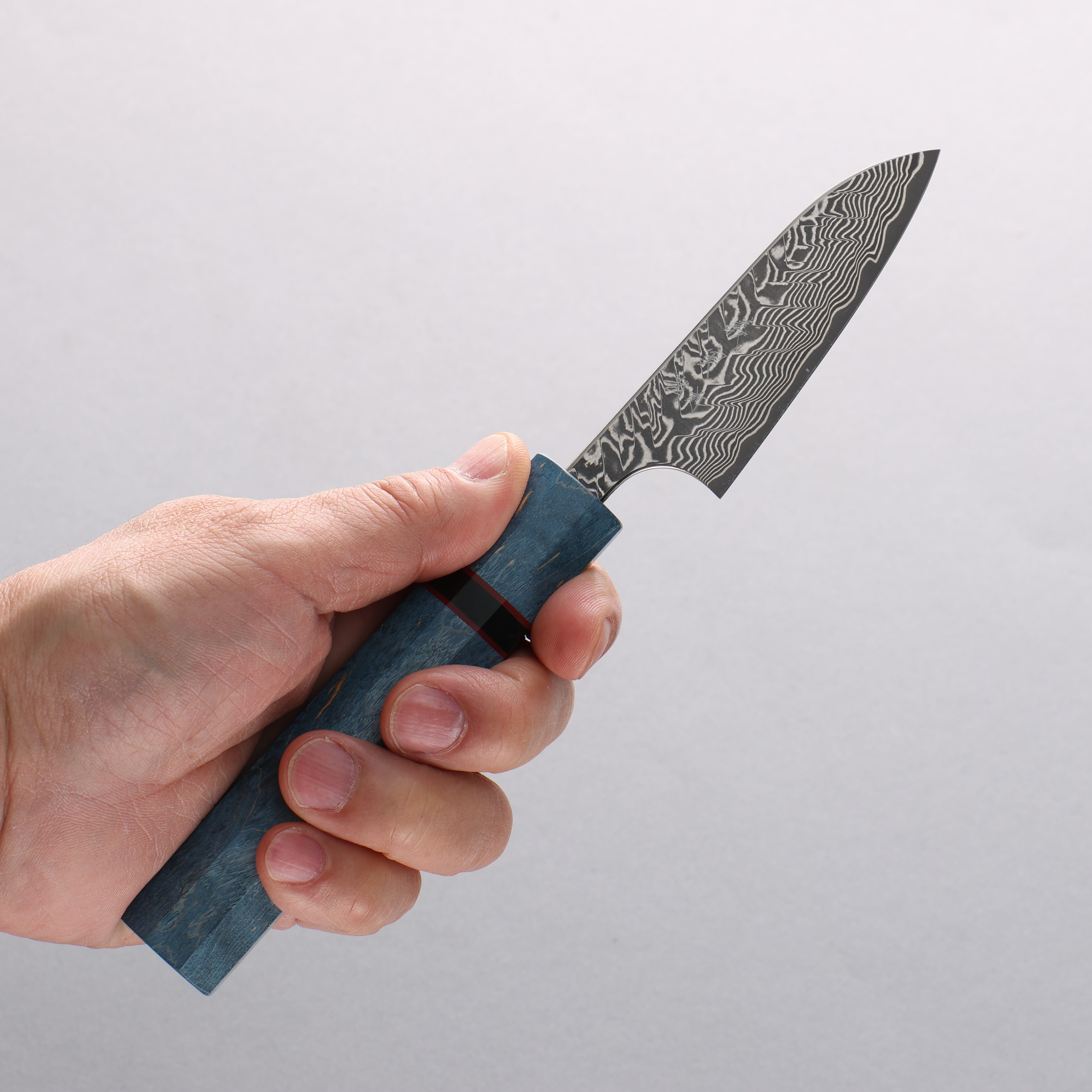 Yoshimi Kato SG2 Black Damascus Paring 75mm Blue Stabilized Wood & Black Ring Handle - Seisuke Knife