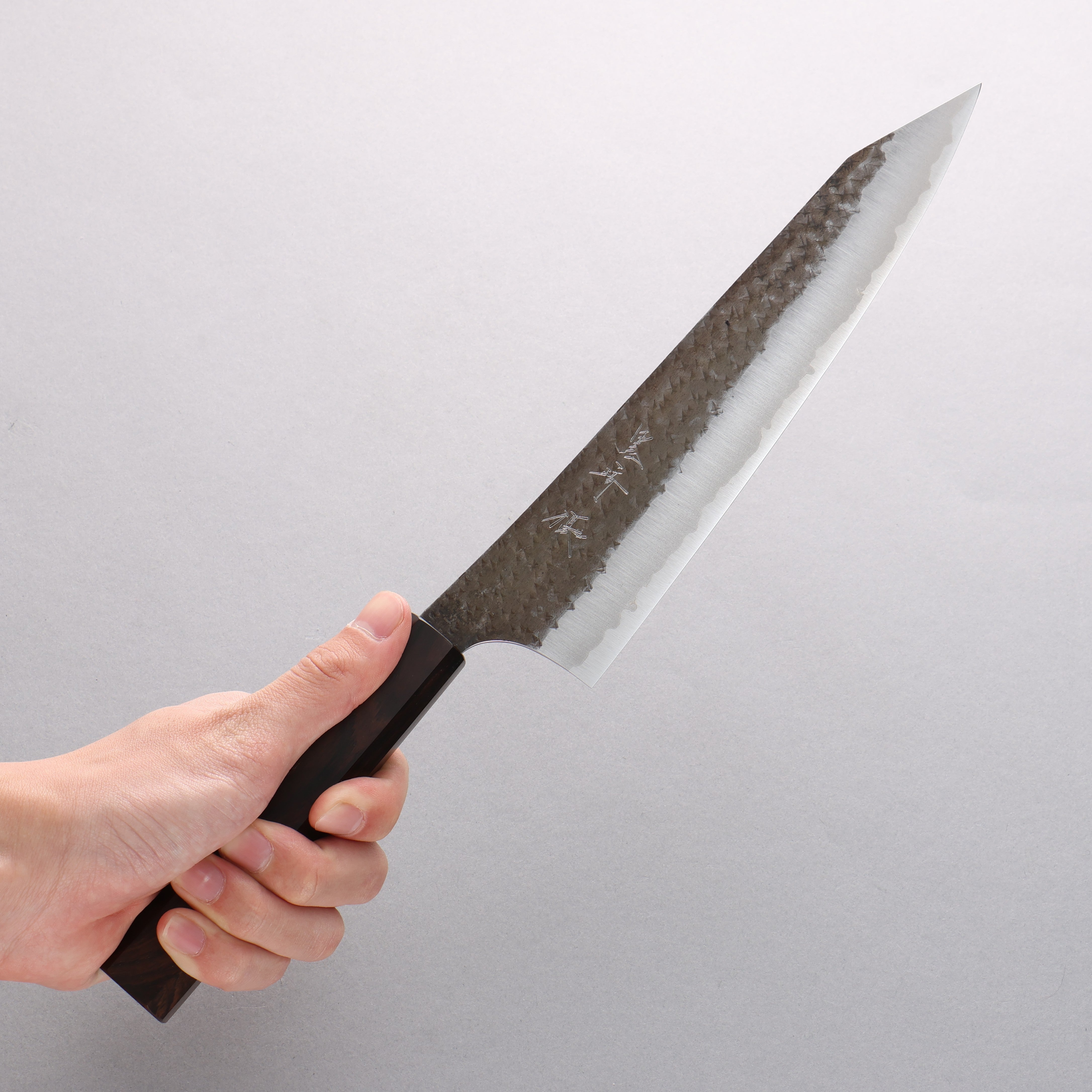 Yu Kurosaki Senko Ei Blue Super Hammered Black Finished Gyuto 210mm Ebony Wood Handle - Seisuke Knife