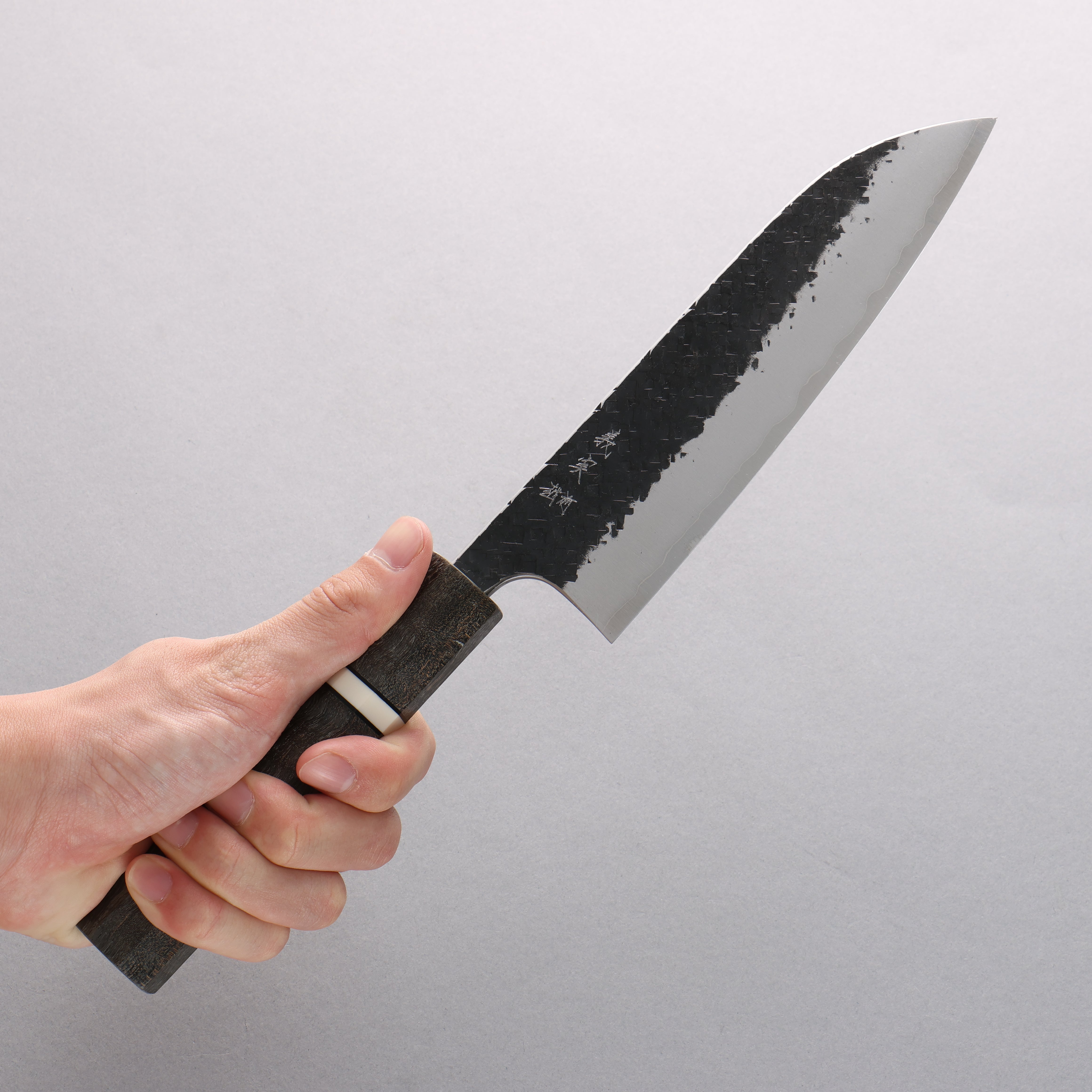 Yoshimi Kato Blue Super Hammered(square) Black Finished Santoku 170mm Stabilized wood (With White ring) Handle - Seisuke Knife