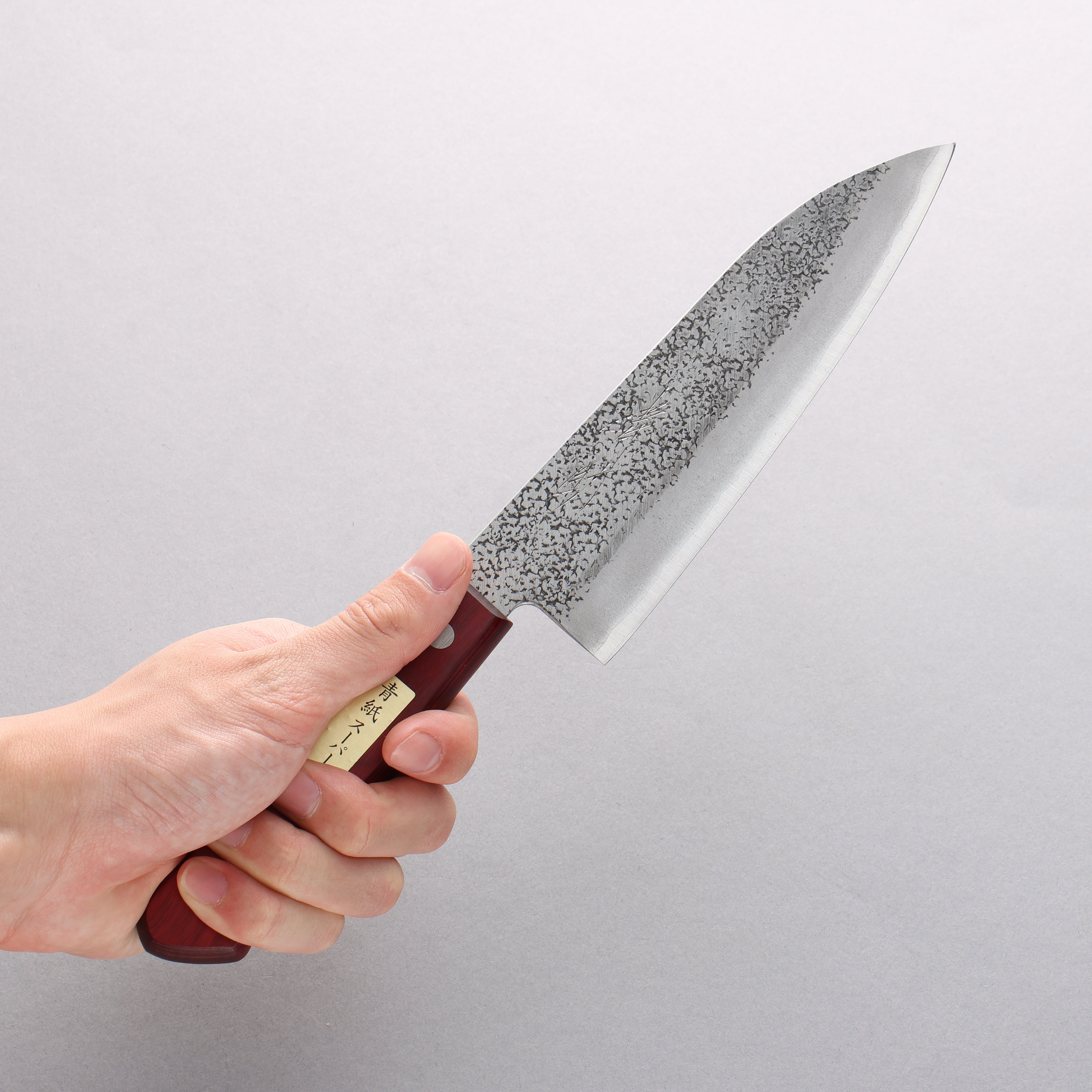 Seisuke Blue Super Hammered Santoku 165mm Red Pakka wood Handle - Seisuke Knife