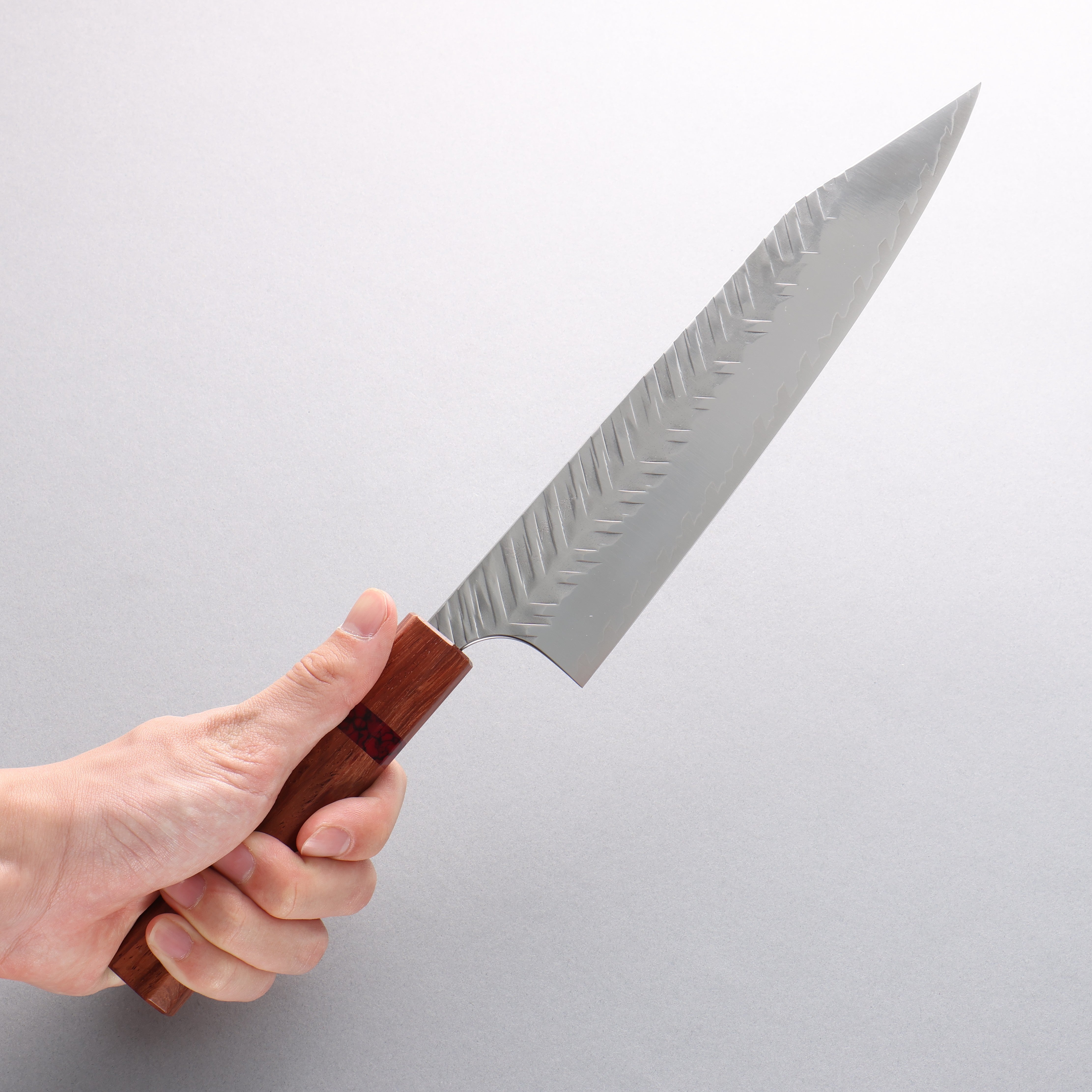 Yoshimi Kato SPG STRIX V-Hammered Kiritsuke Gyuto 210mm Red Turquoise & Rosewood Handle - Seisuke Knife