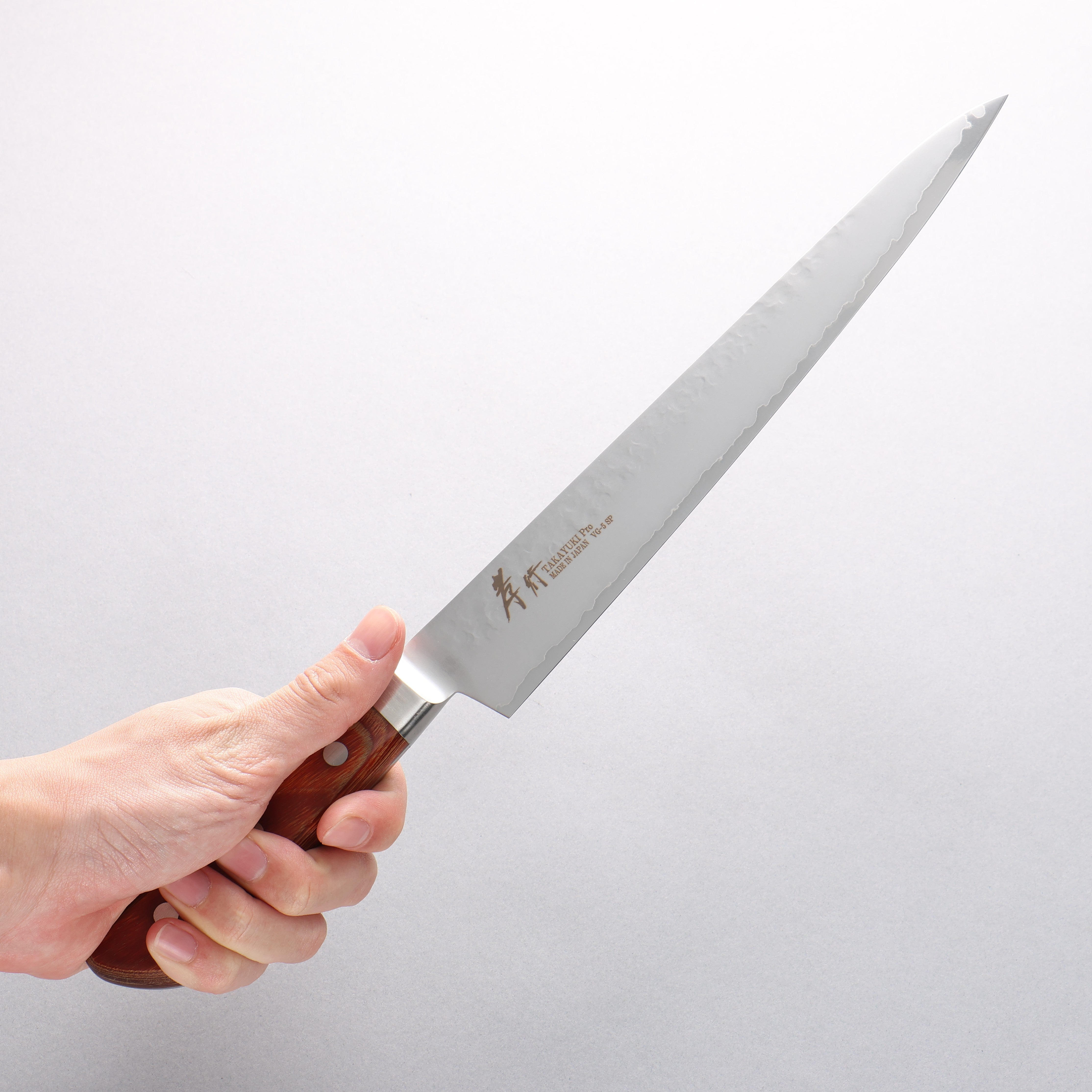 Sakai Takayuki VG5 Hammered Sujihiki 240mm Brown Pakkawood Handle - Seisuke Knife