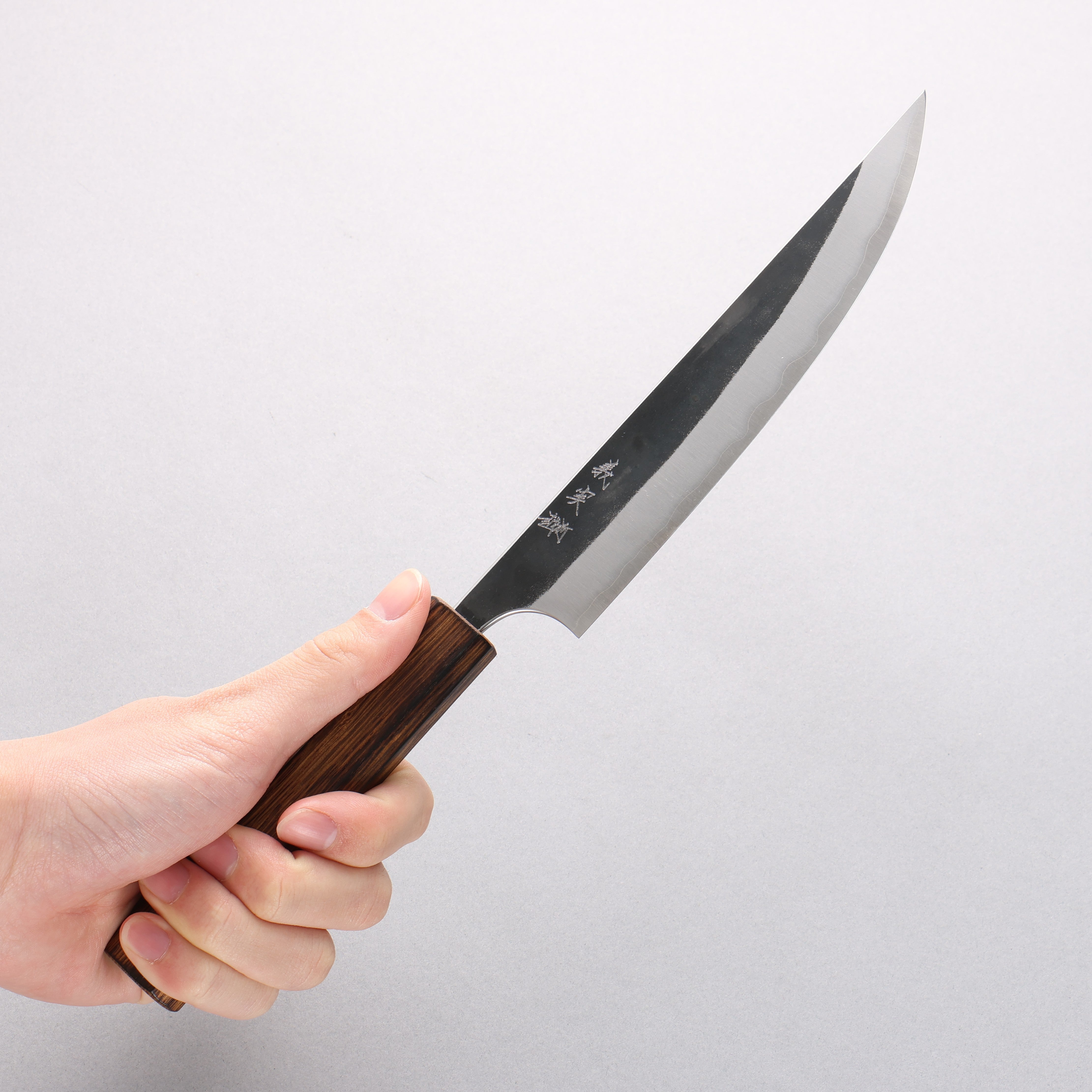 Yoshimi Kato Blue Super Black Finished Kengata Petty-Utility 170mm Lacquered Burnt Oak Handle - Seisuke Knife