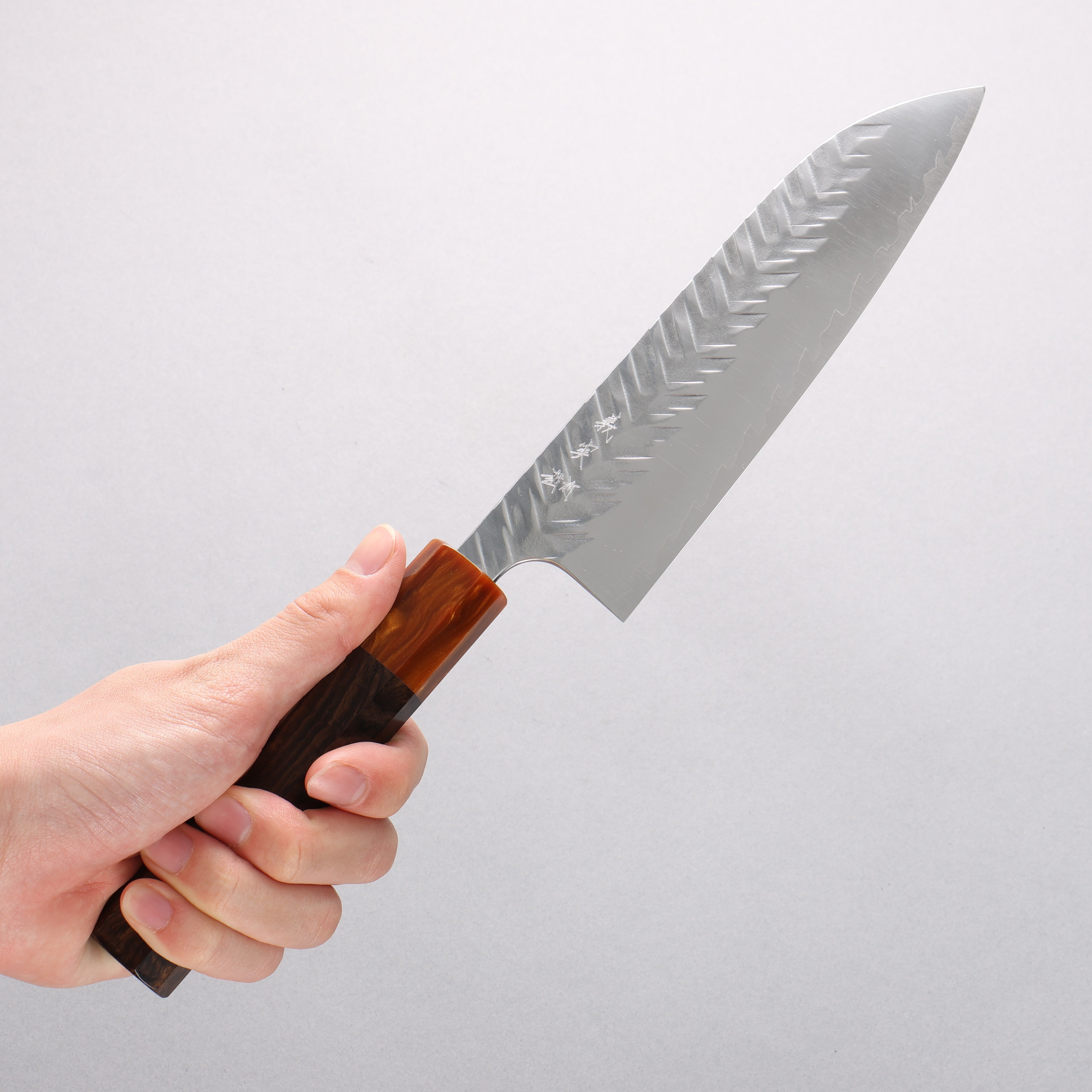 Yoshimi Kato SPG STRIX Hammered (V) Santoku 170mm Ebony (ferrule: Orange Resin) Handle - Seisuke Knife