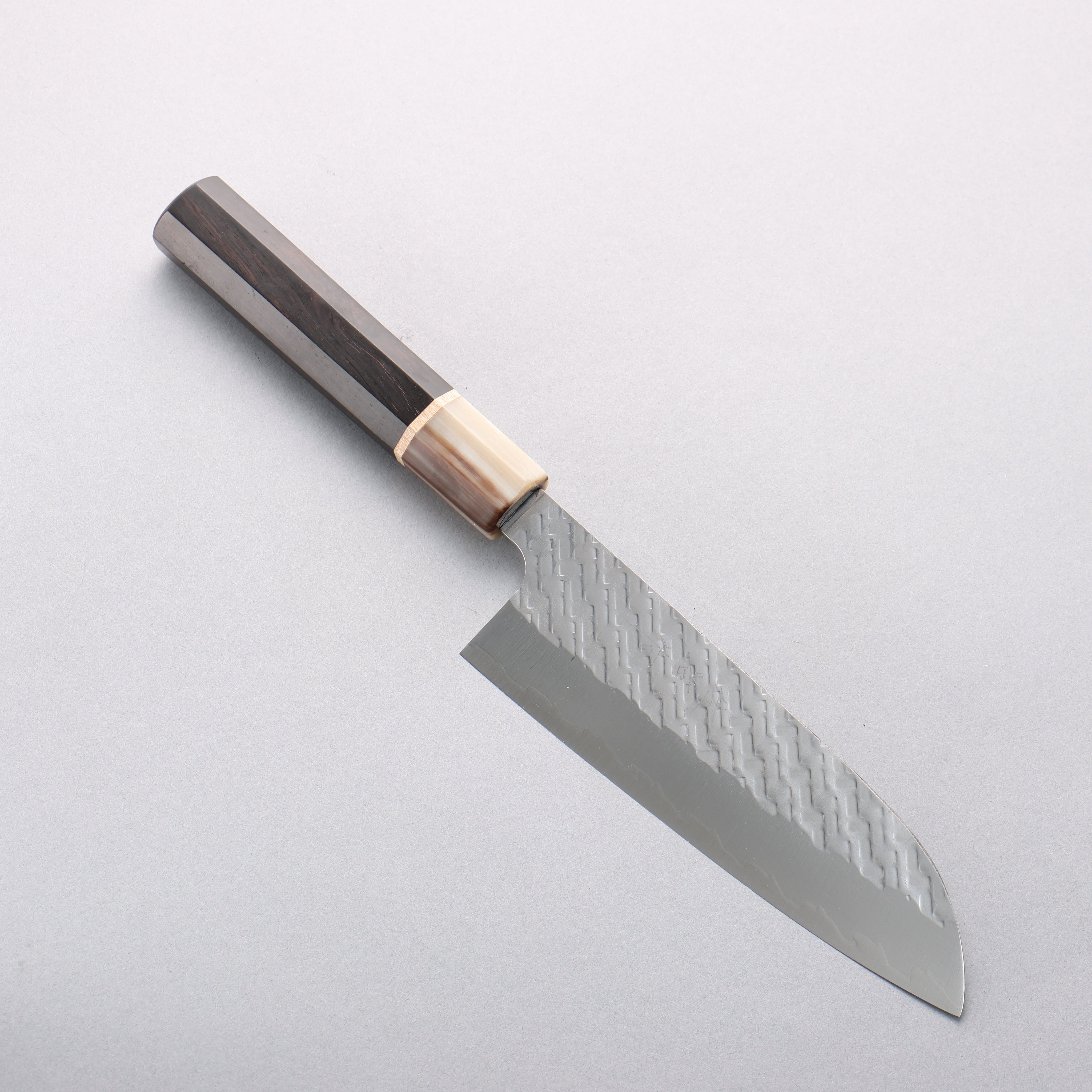 Takeshi Saji SPG STRIX Hammered Migaki Finished Santoku 170mm Ebony Wood (ferrule: Marbled Water Buffalo Horn) Handle - Seisuke Knife