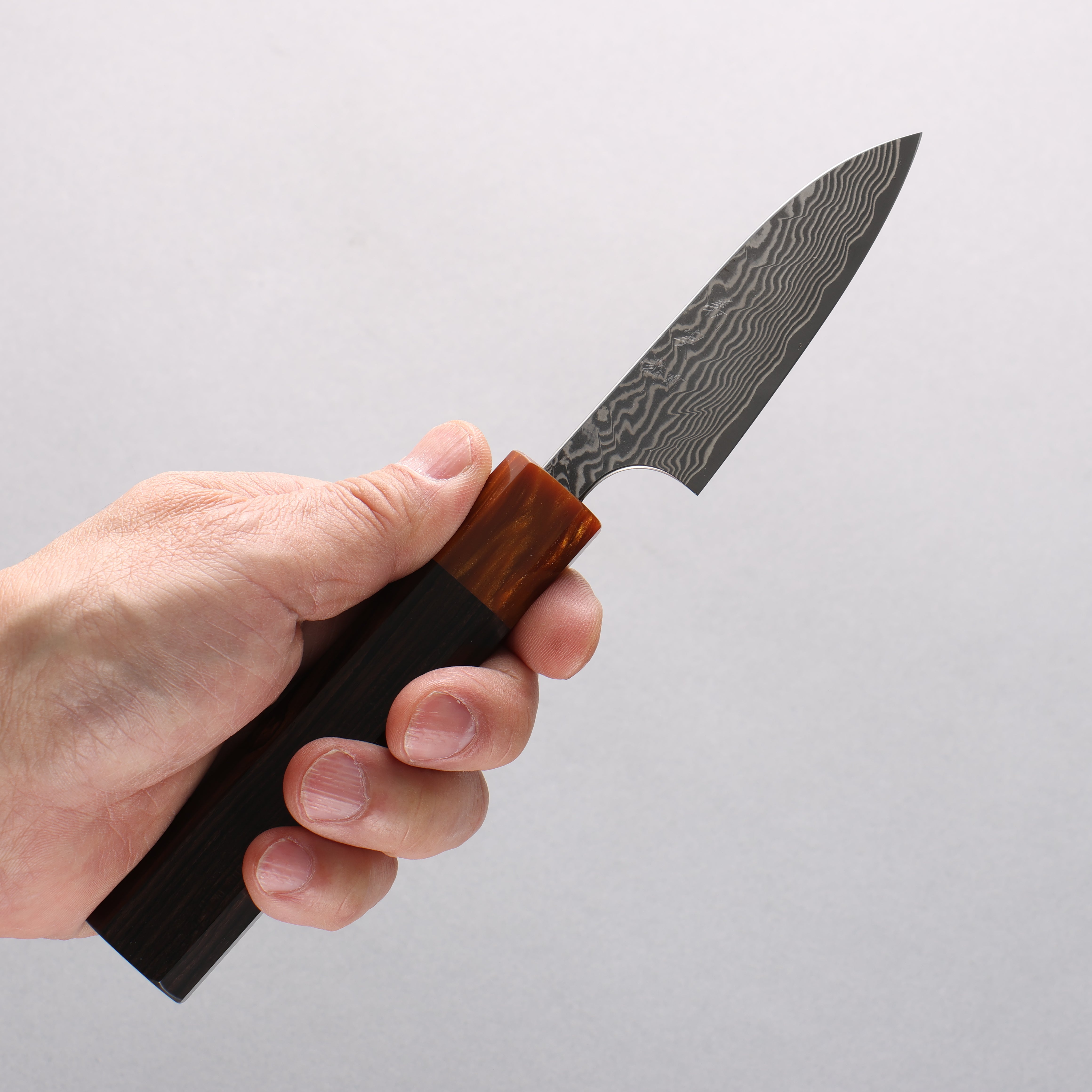 Yoshimi Kato SG2 Black Damascus Petty-Utility 75mm Ebony Wood & Orange Resin Handle - Seisuke Knife