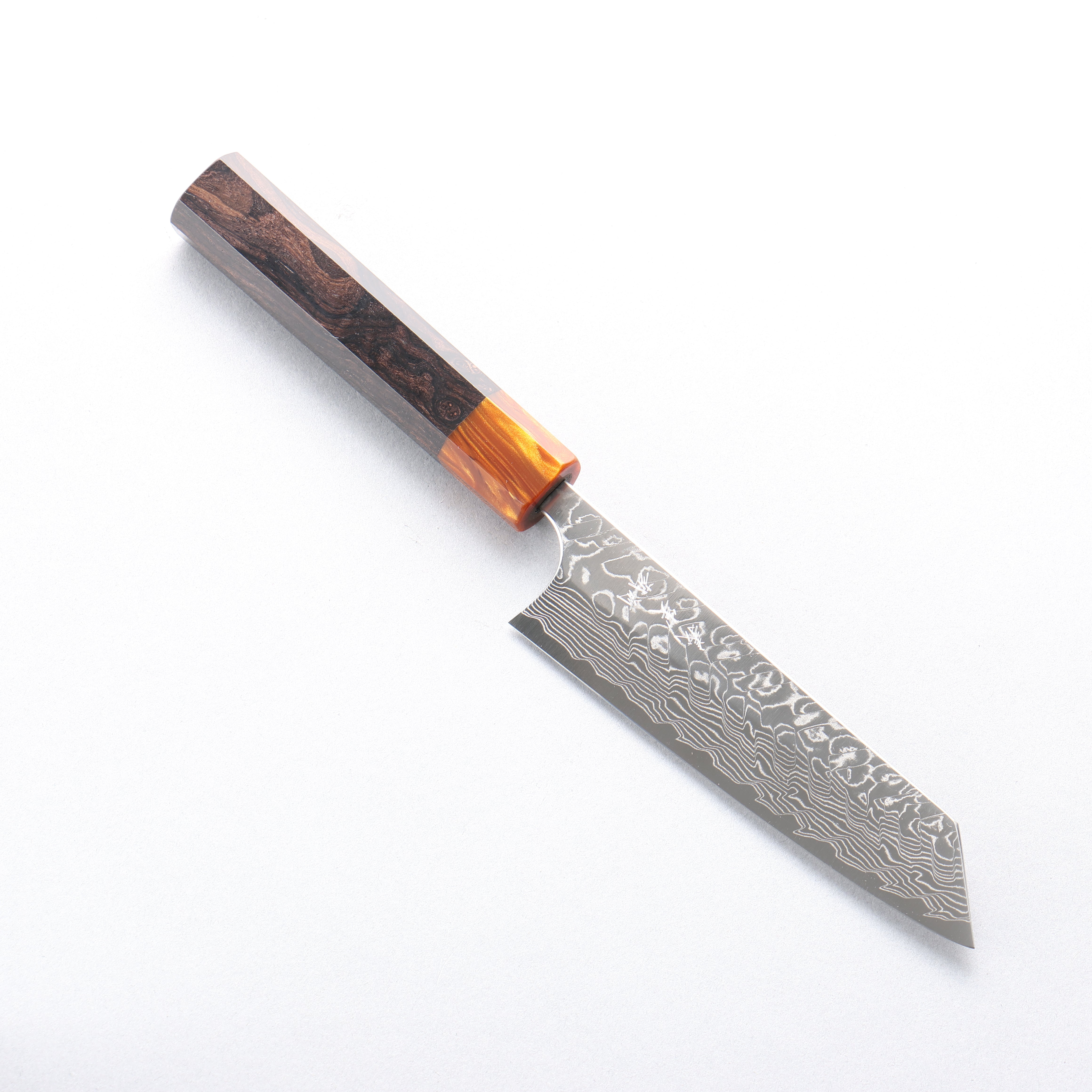 Yoshimi Kato SG2 Damascus Migaki Polish Finish Small Bunka 130mm Ebony (ferrule: Orange Resin) Handle - Seisuke Knife