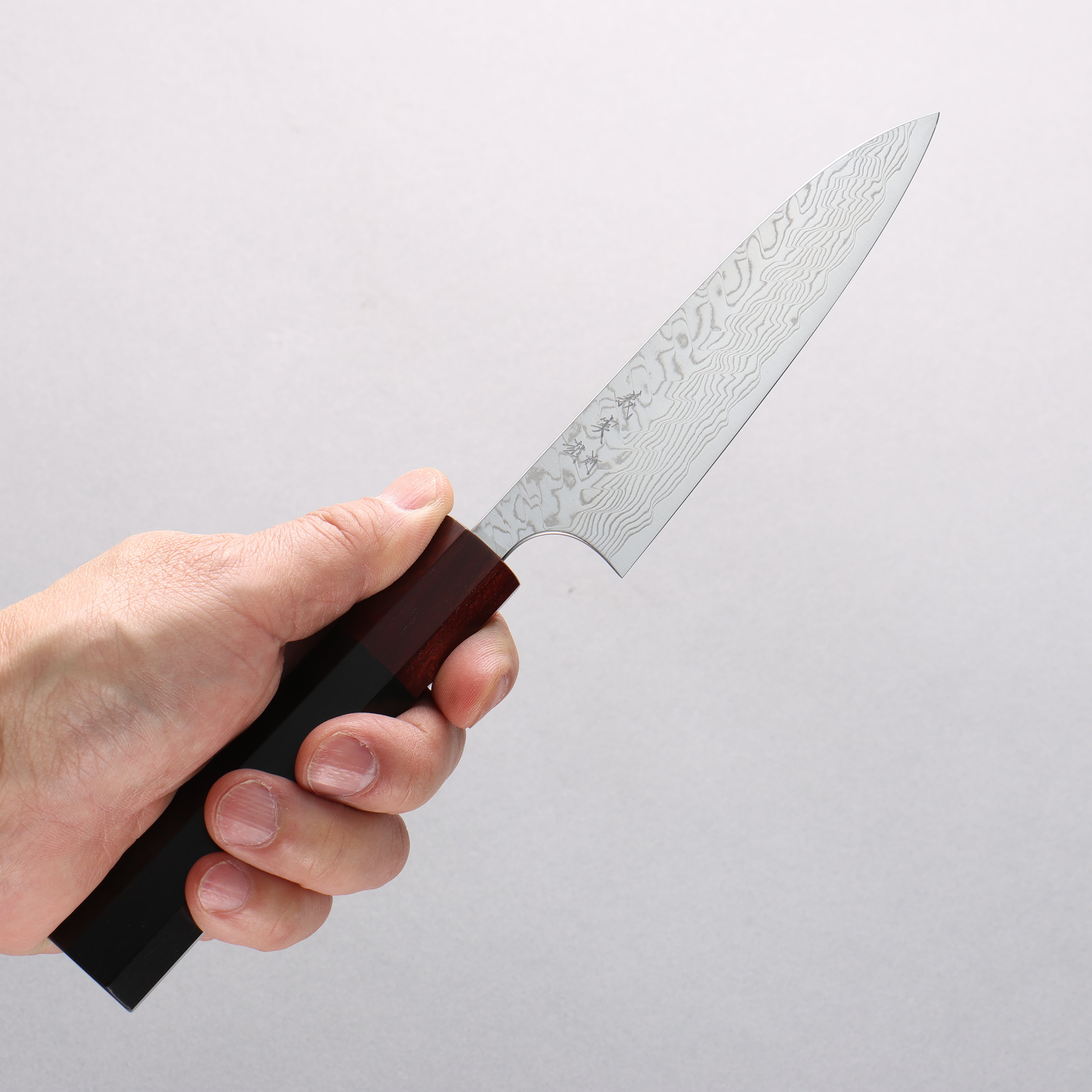 Yoshimi Kato SG2 Damascus Migaki Finished Petty-Utility 120mm Ebony (ferrule: Sandalwood) Handle - Seisuke Knife