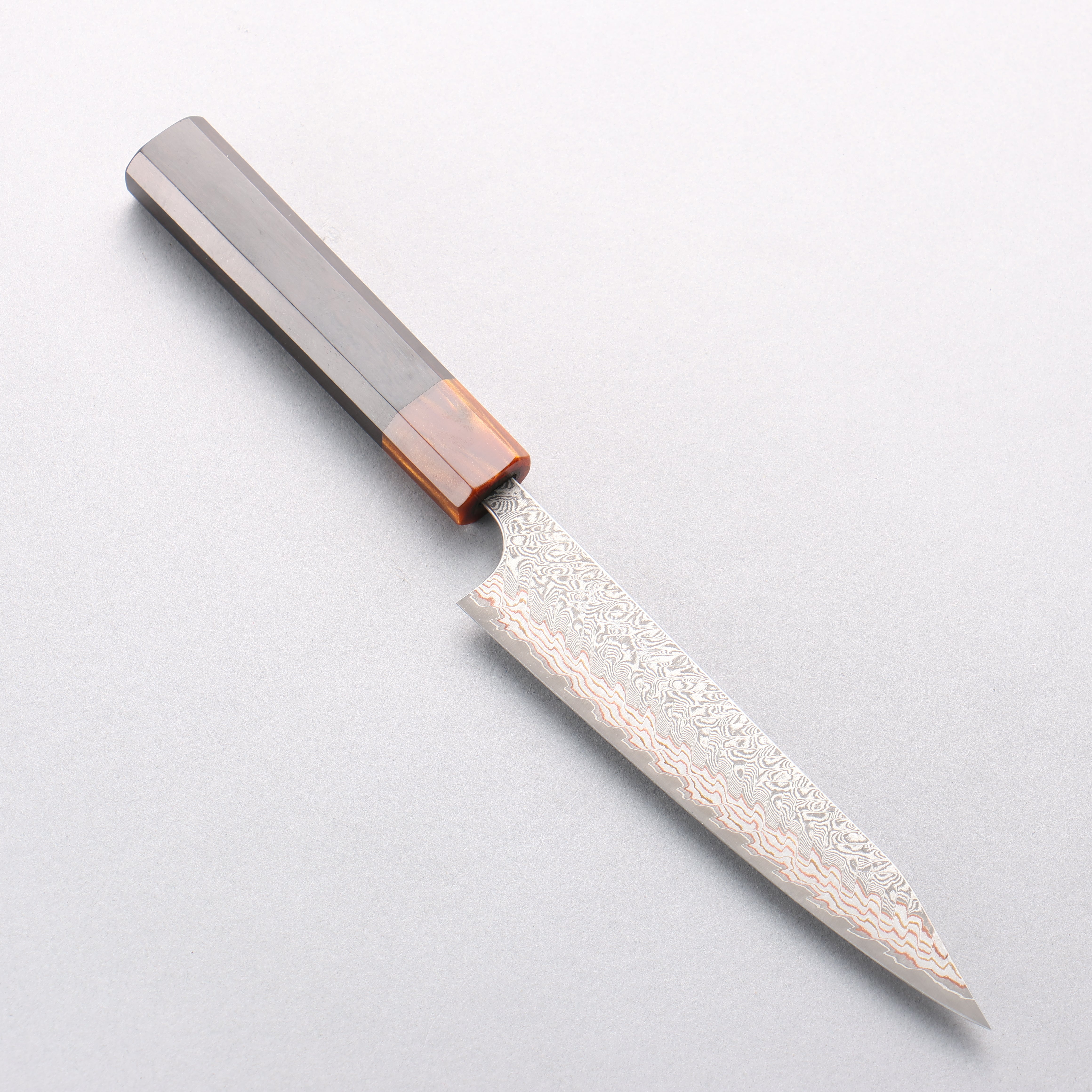 Yoshimi Kato VG10w Colored Damascus Kiritsuke Petty-Utility 150mm Ebony (ferrule: Orange Resin) Handle - Seisuke Knife