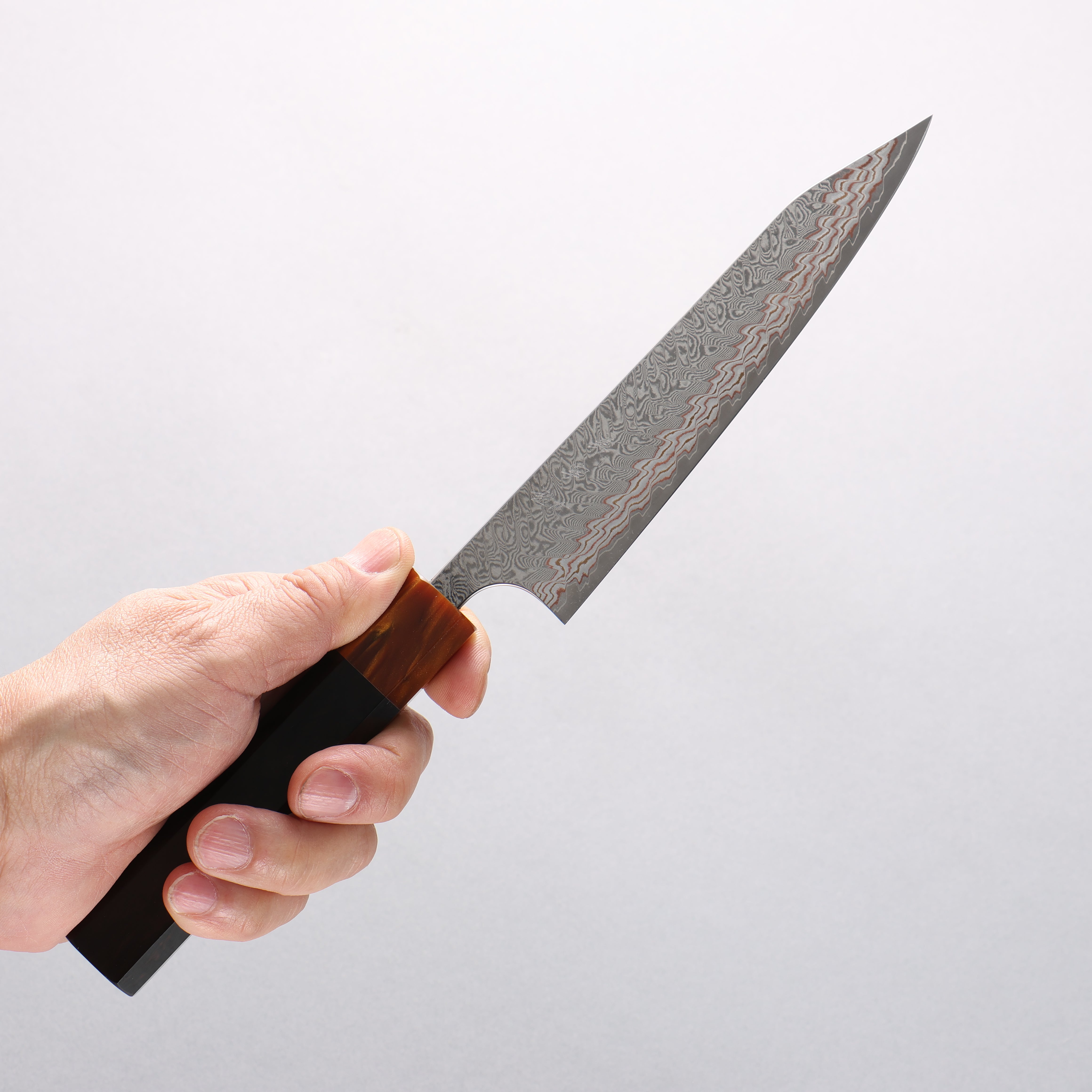 Yoshimi Kato VG10w Colored Damascus Kiritsuke Petty-Utility 150mm Ebony (ferrule: Orange Resin) Handle - Seisuke Knife