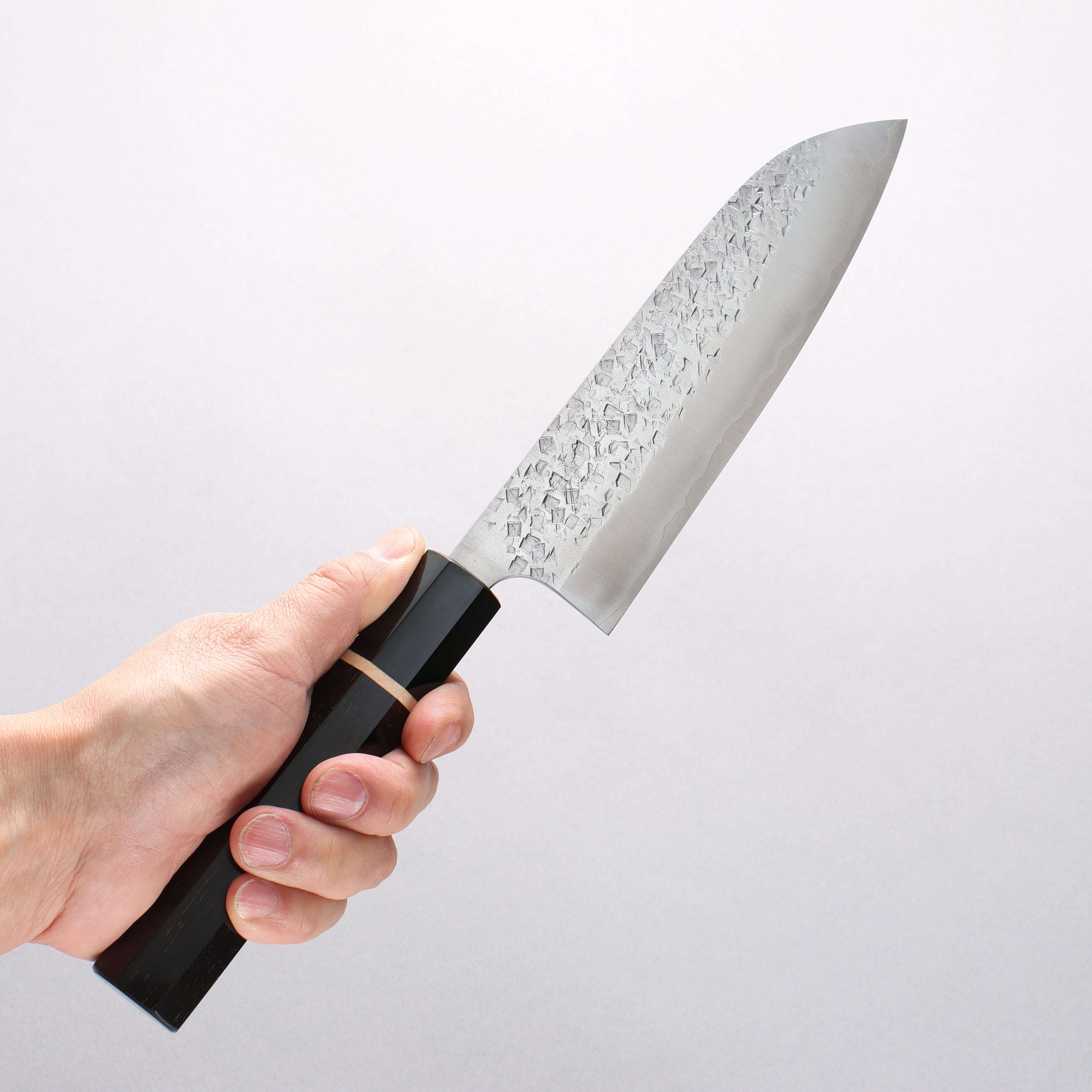 Yu Kurosaki Shizuku SG2 Hammered Santoku 170mm Ebony Wood (ferrule: Black Water Buffalo Horn) Handle - Seisuke Knife