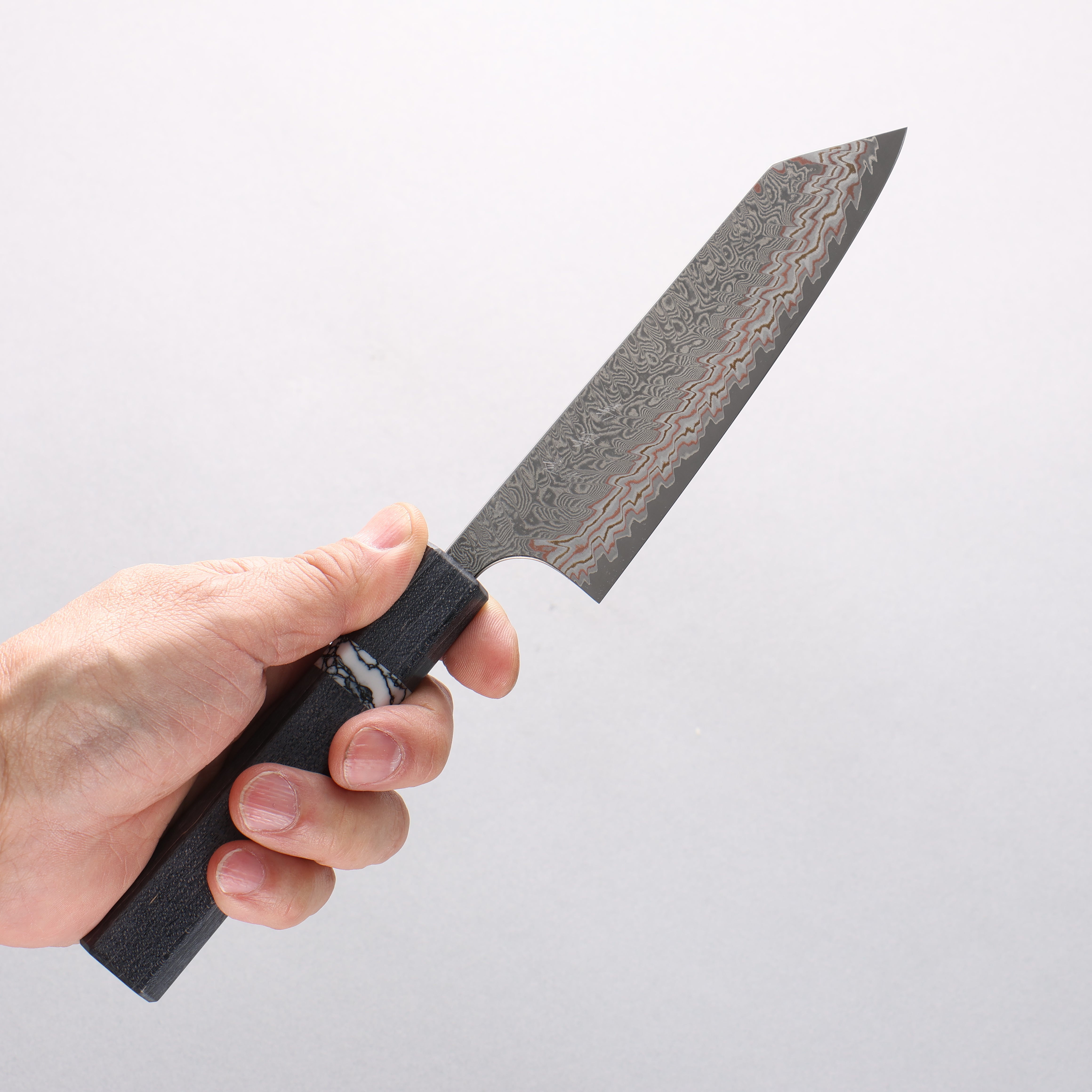 Yoshimi Kato VG10w Colored Damascus Small Bunka 130mm Black Stabilized Wood (White Turquoise Ring) Handle - Seisuke Knife