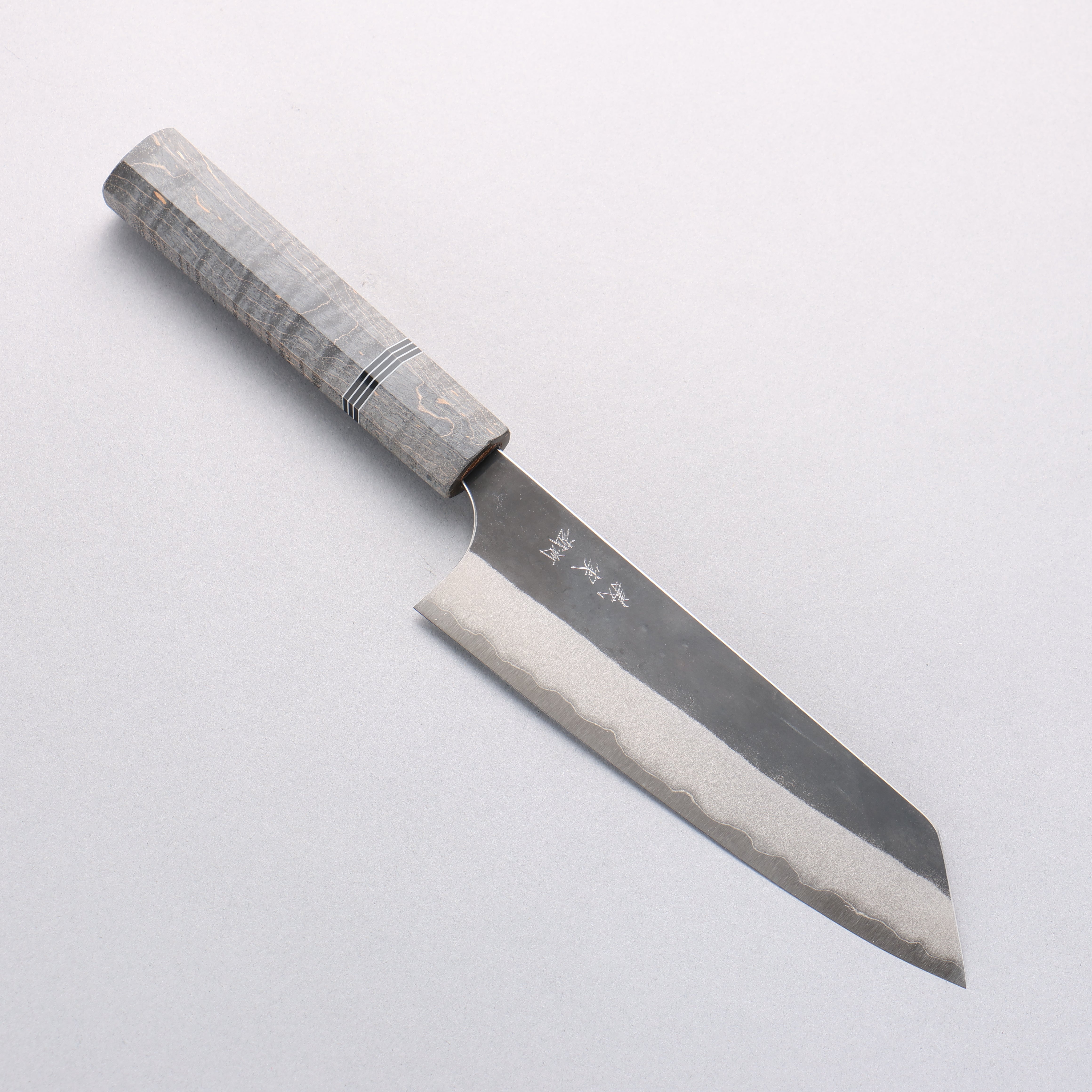 Yoshimi Kato Blue Super Black Finished Bunka 170mm Gray Stabilized Wood (Black and White Rings) Handle - Seisuke Knife