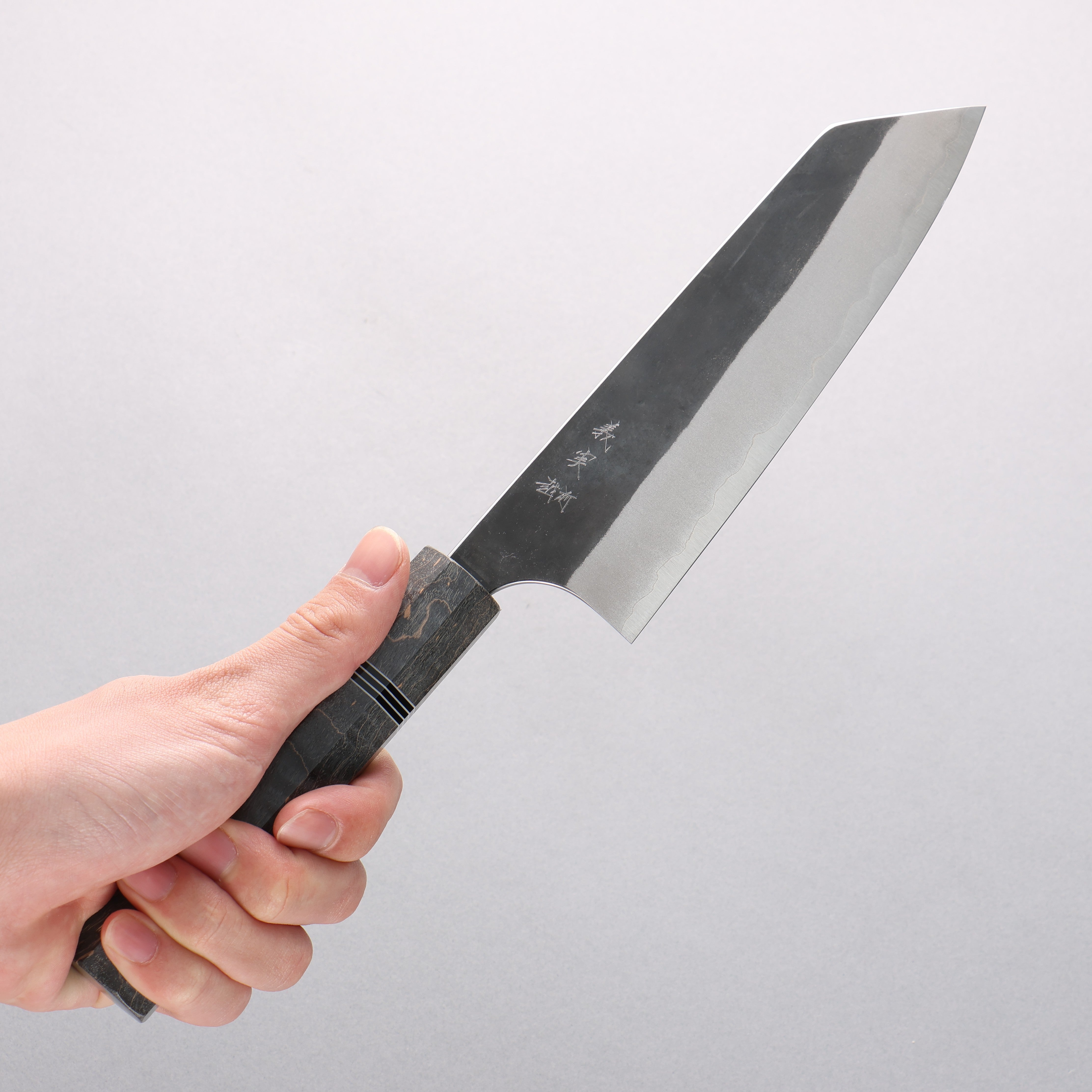 Yoshimi Kato Blue Super Black Finished Bunka 170mm Gray Stabilized Wood (Black and White Rings) Handle - Seisuke Knife