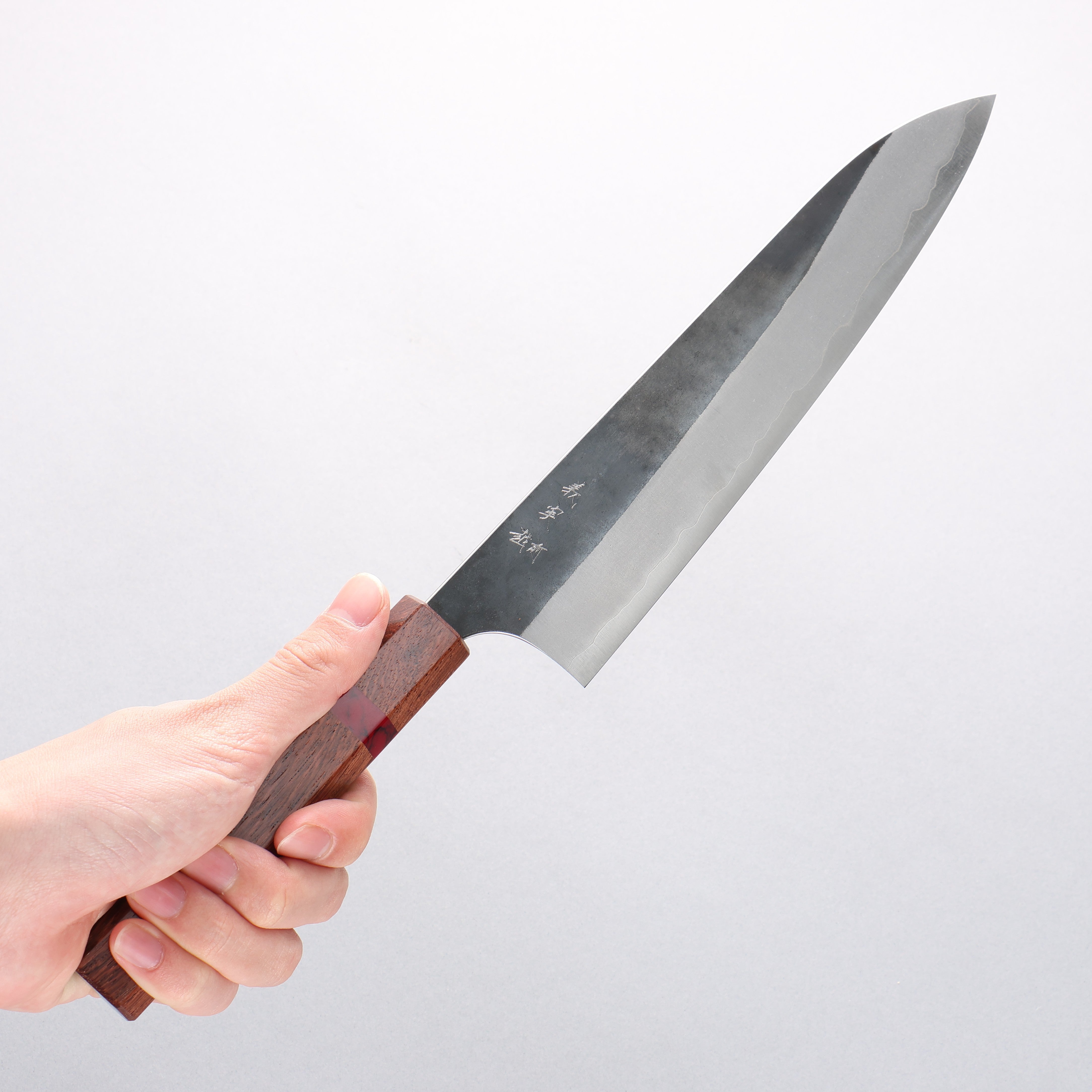 Yoshimi Kato Blue Super Black Finished Gyuto 210mm Rosewood (Red Turquoise Ring) Handle - Seisuke Knife