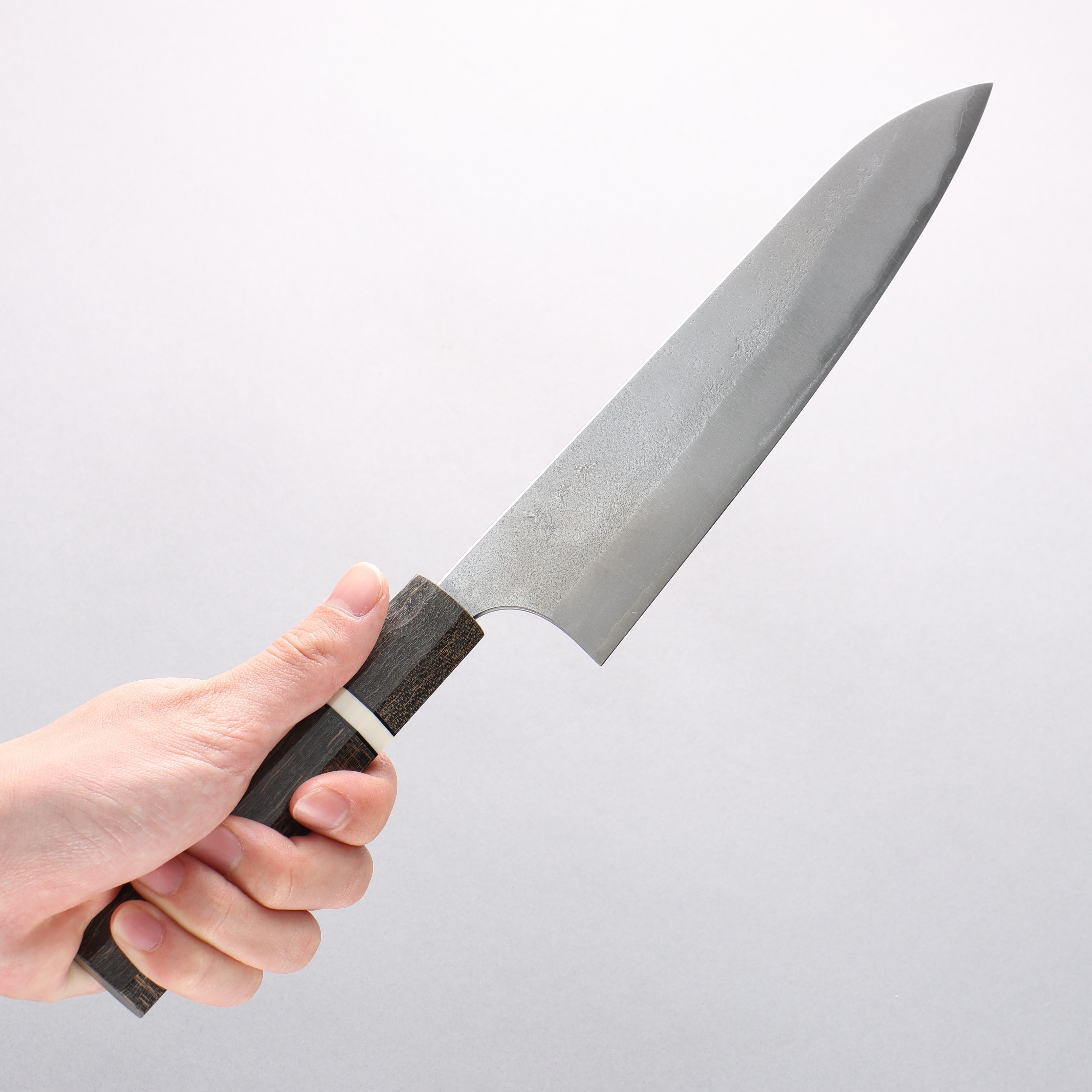 Yoshimi Kato Blue Super Nashiji Gyuto 210mm Gray Stabilized Wood (White Ring) Handle - Seisuke Knife