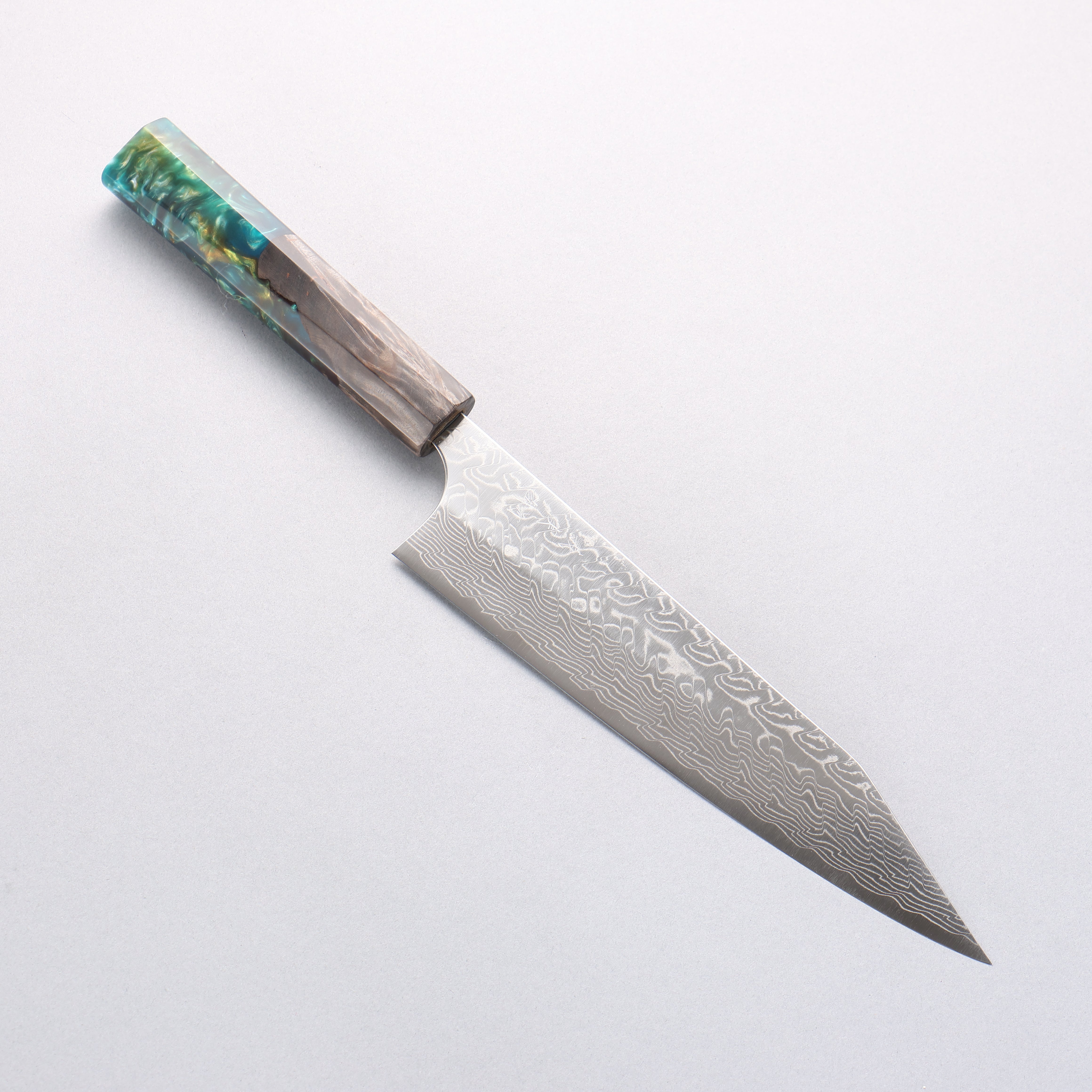 Yoshimi Kato SG2 Damascus Migaki Finished Kiritsuke Gyuto 210mm Black Stabilized Wood and Blue Resin (V Shaped) Handle - Seisuke Knife