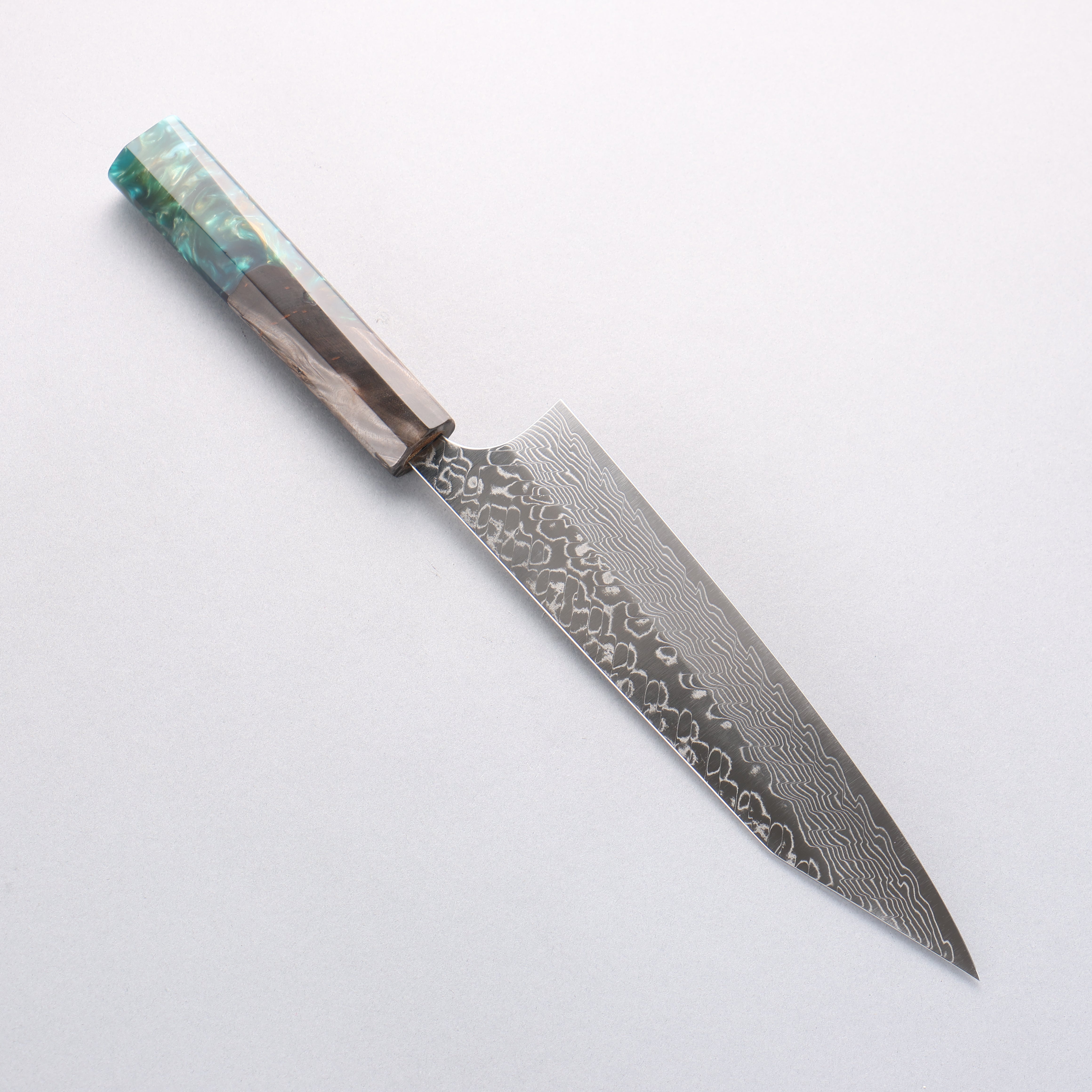 Yoshimi Kato SG2 Damascus Migaki Finished Kiritsuke Gyuto 210mm Black Stabilized Wood and Blue Resin (V Shaped) Handle - Seisuke Knife