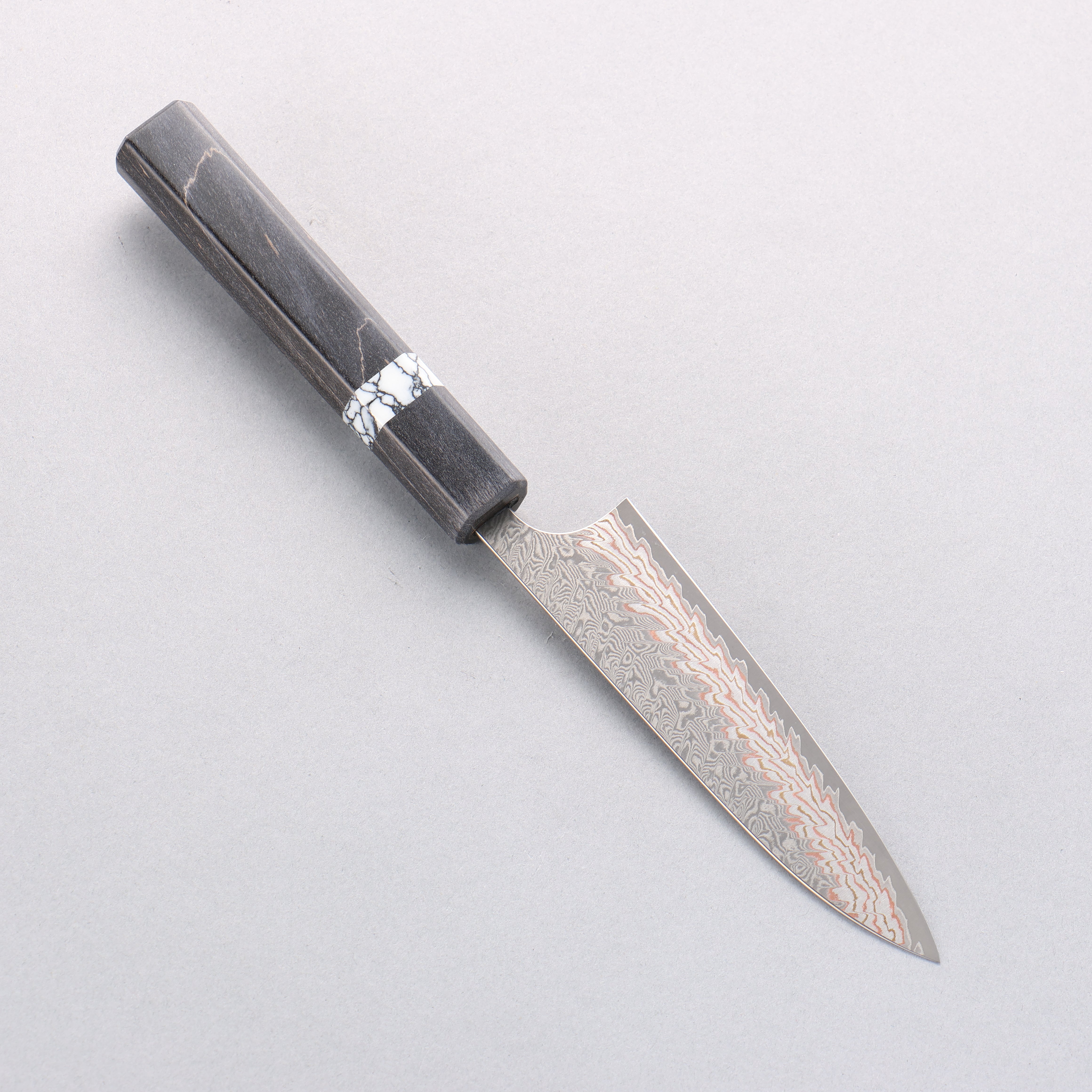 Yoshimi Kato VG10w Colored Damascus Petty-Utility 120mm Gray Stabilized Wood (White Turquoise Ring) Handle - Seisuke Knife