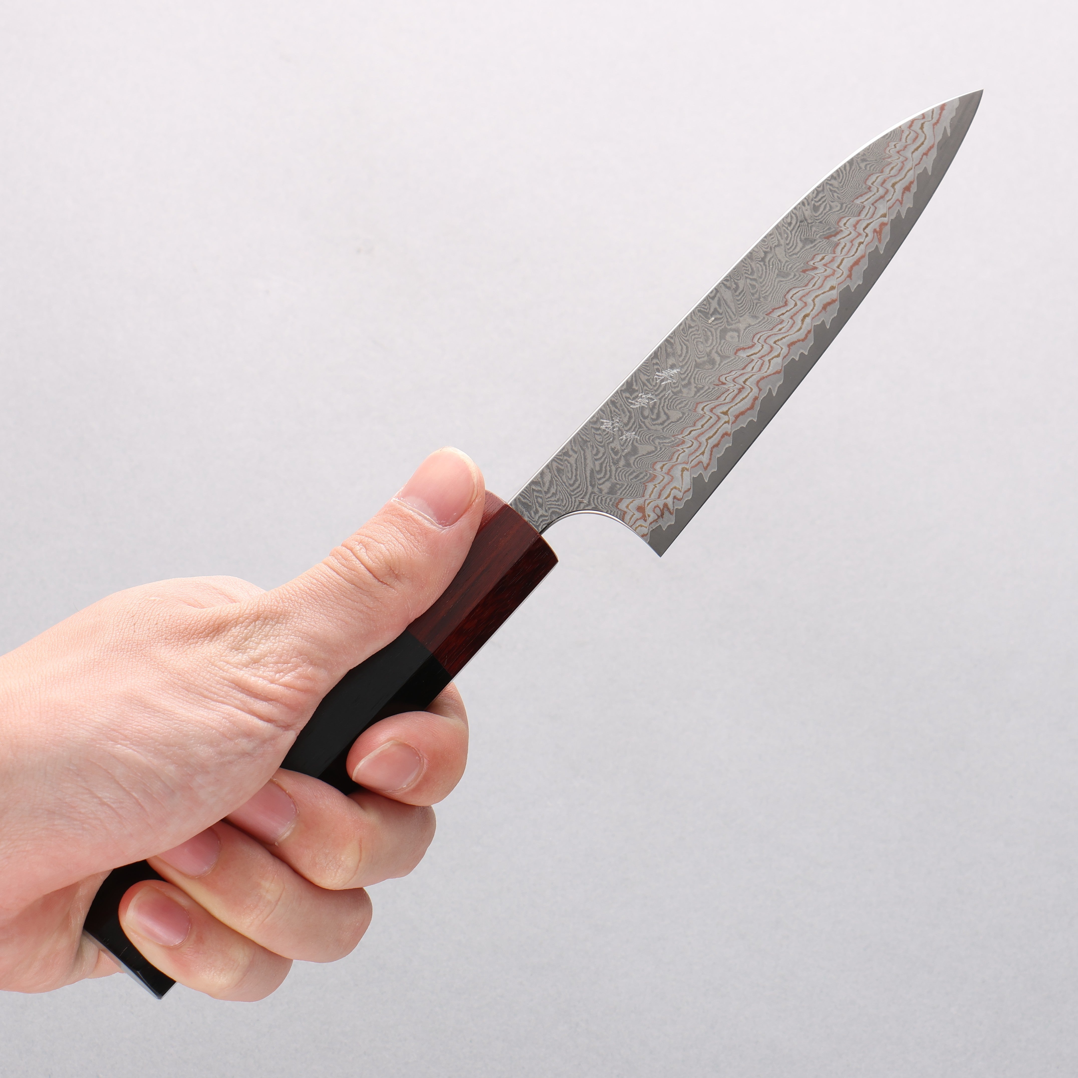 Yoshimi Kato VG10w Colored Damascus Petty-Utility 120mm Ebony (ferrule: Sandalwood) Handle - Seisuke Knife