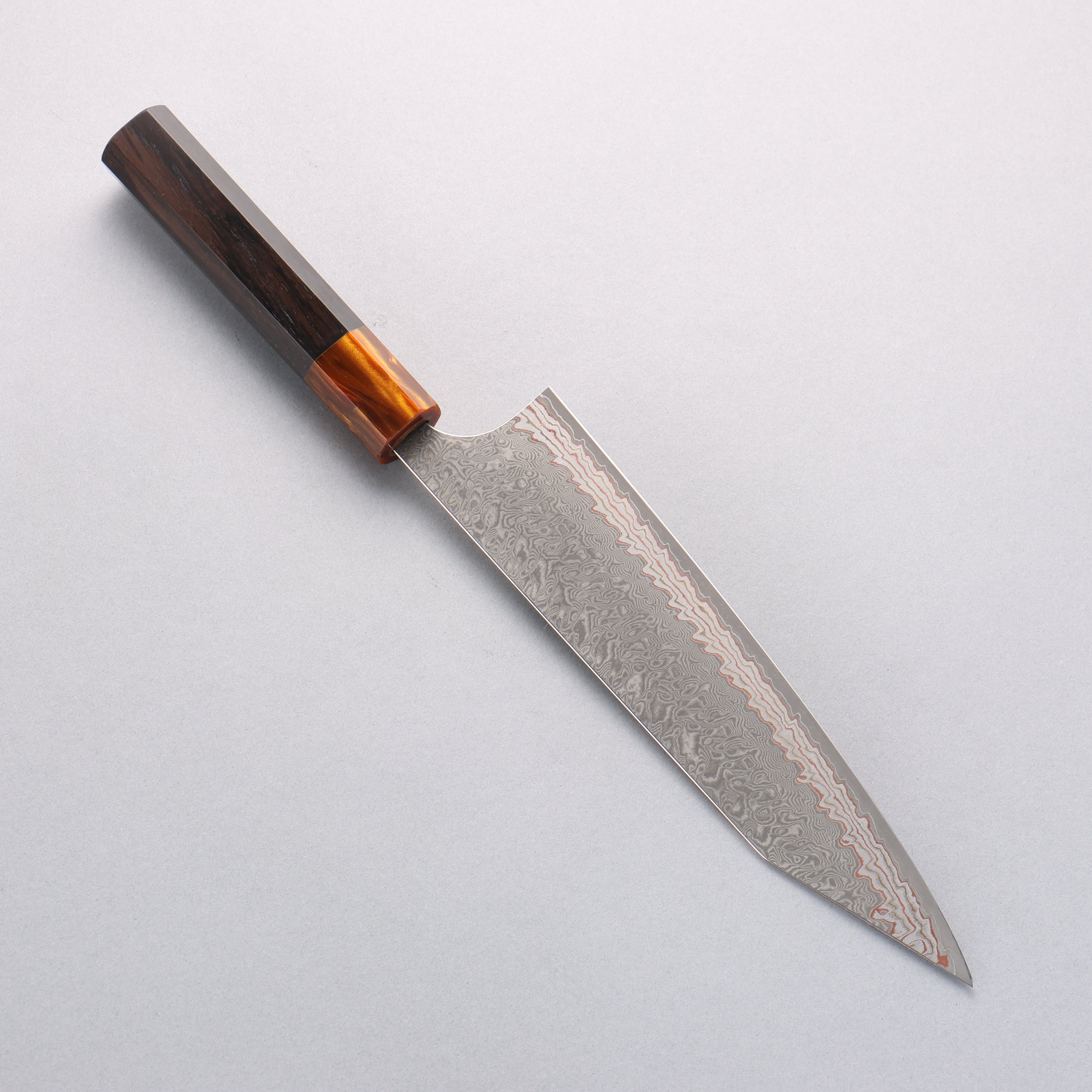 Yoshimi Kato VG10w Colored Damascus Kiritsuke Gyuto 210mm Ebony (ferrule: Orange Resin) Handle - Seisuke Knife