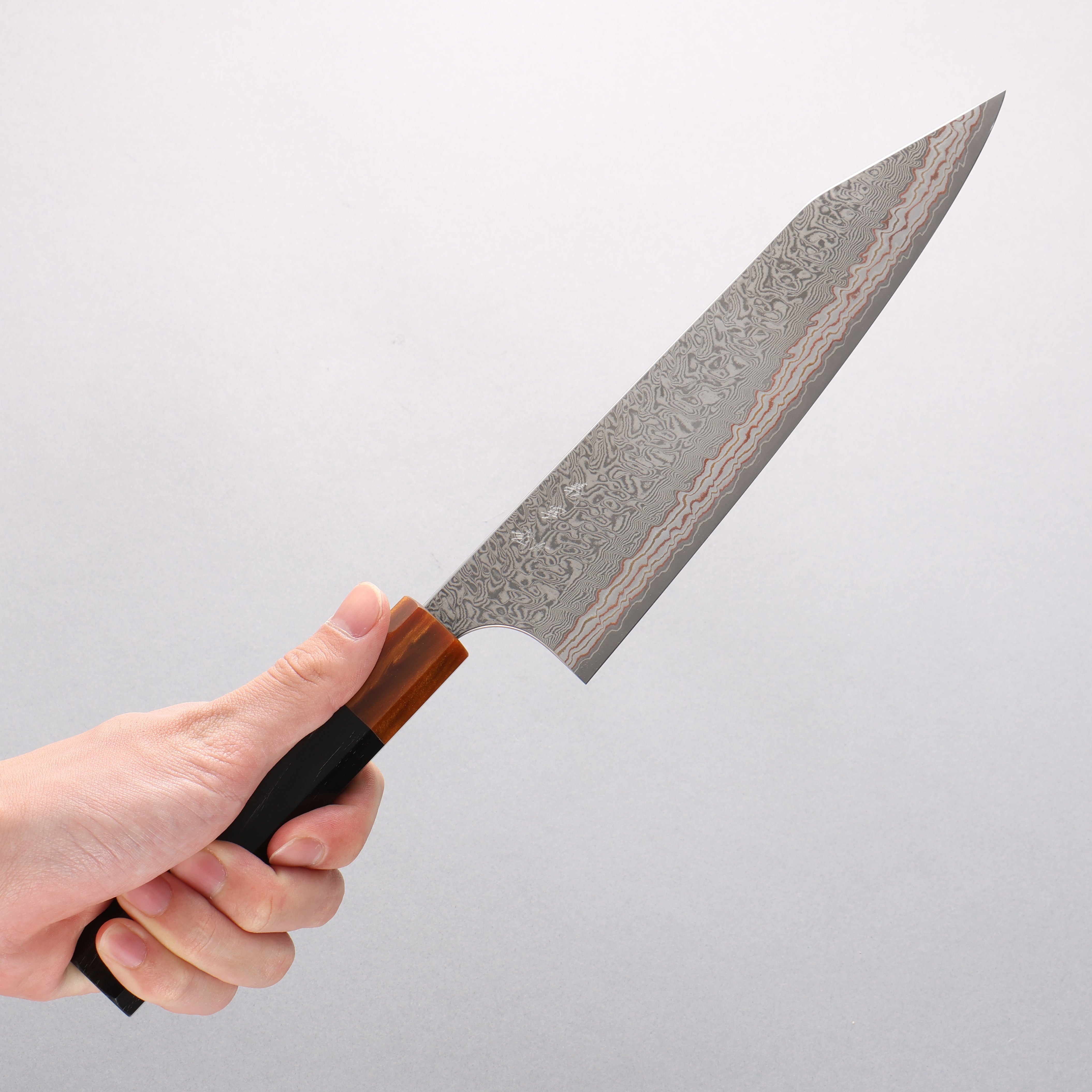 Yoshimi Kato VG10w Colored Damascus Kiritsuke Gyuto 210mm Ebony (ferrule: Orange Resin) Handle - Seisuke Knife