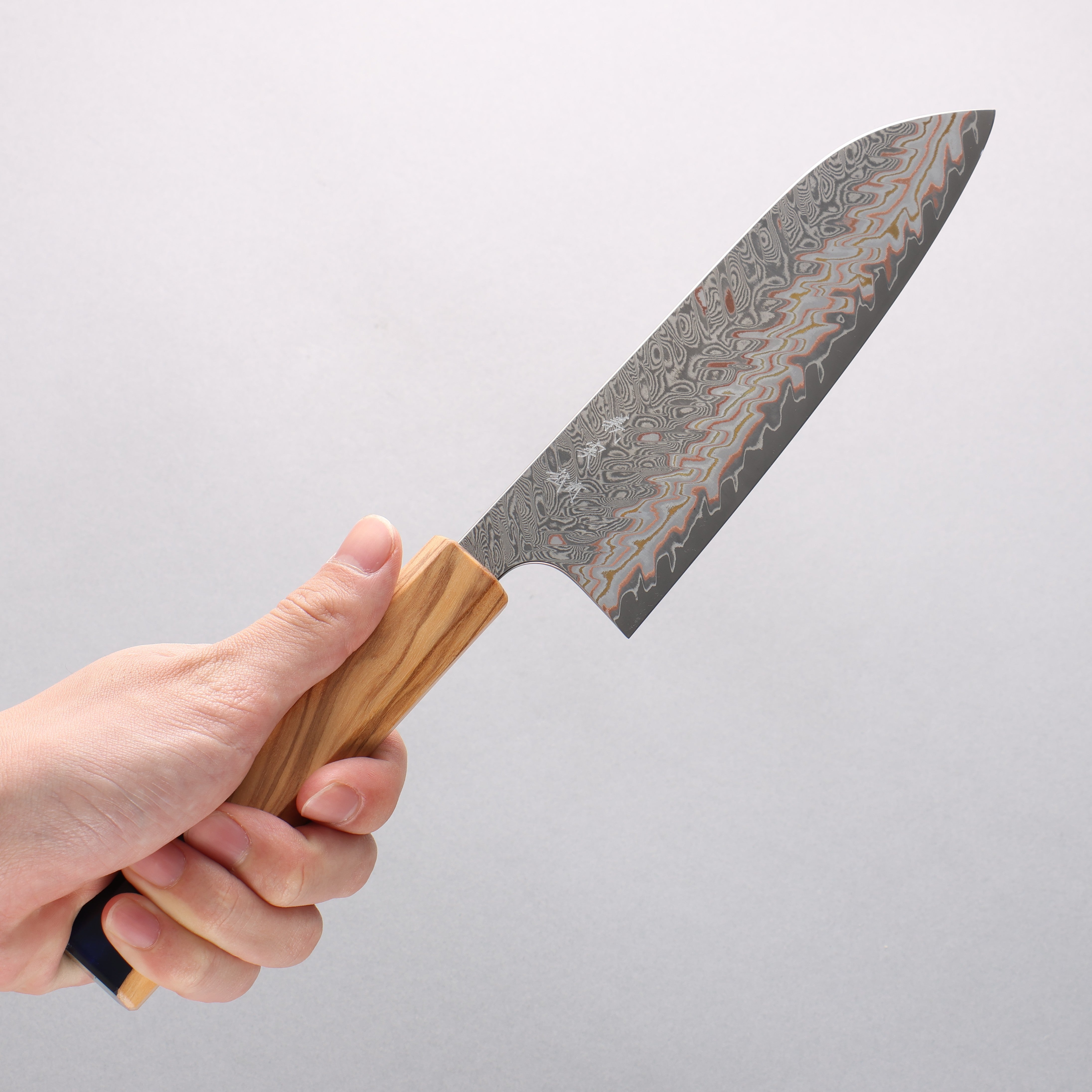 Yoshimi Kato VG10w Colored Damascus Santoku 170mm Olive Tree and Blue Resin Handle - Seisuke Knife