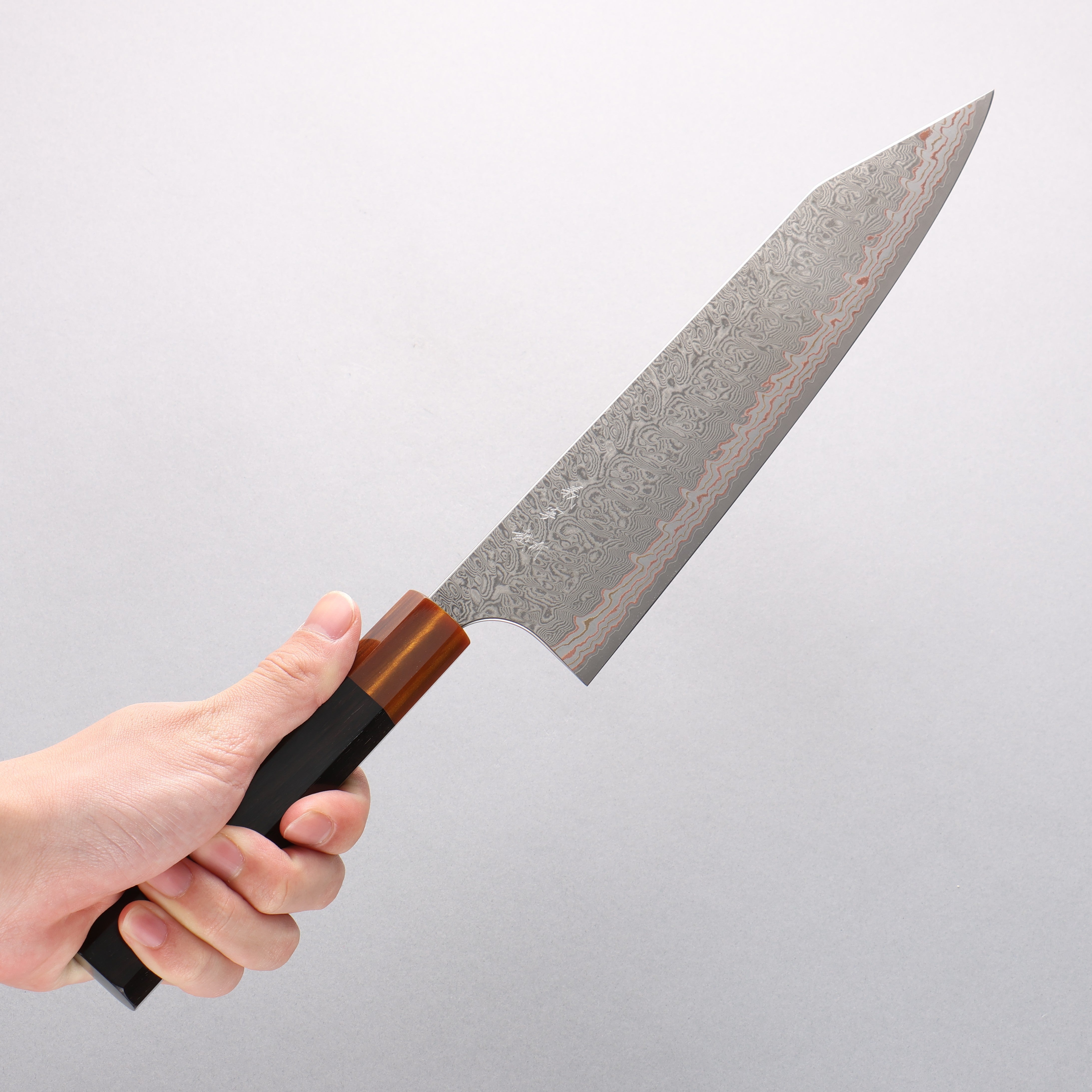 Yoshimi Kato VG10w Colored Damascus Kiritsuke Gyuto 240mm Ebony (ferrule: Orange Resin) Handle - Seisuke Knife