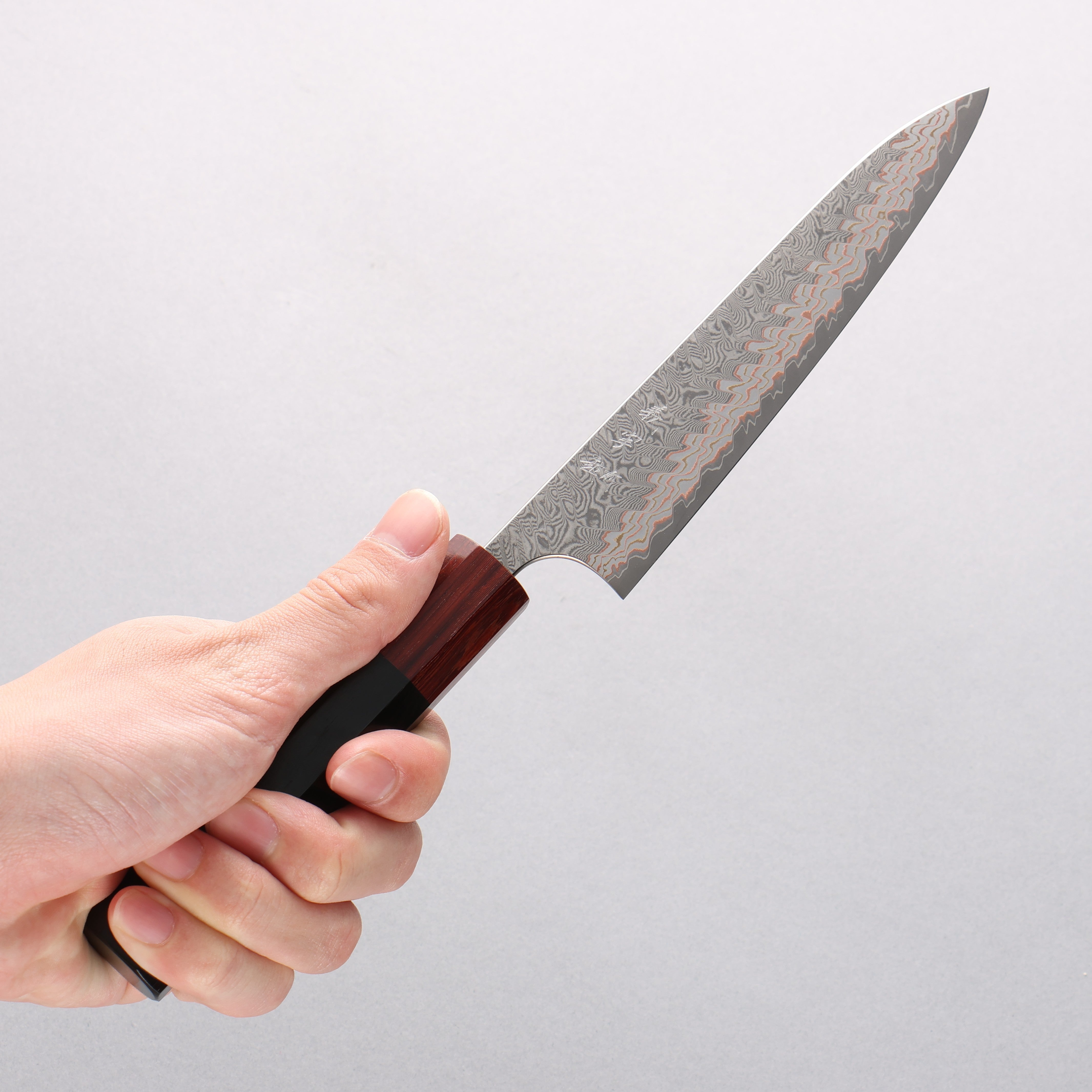 Yoshimi Kato VG10w Colored Damascus Petty-Utility 150mm Ebony (ferrule: Sandalwood) Handle - Seisuke Knife