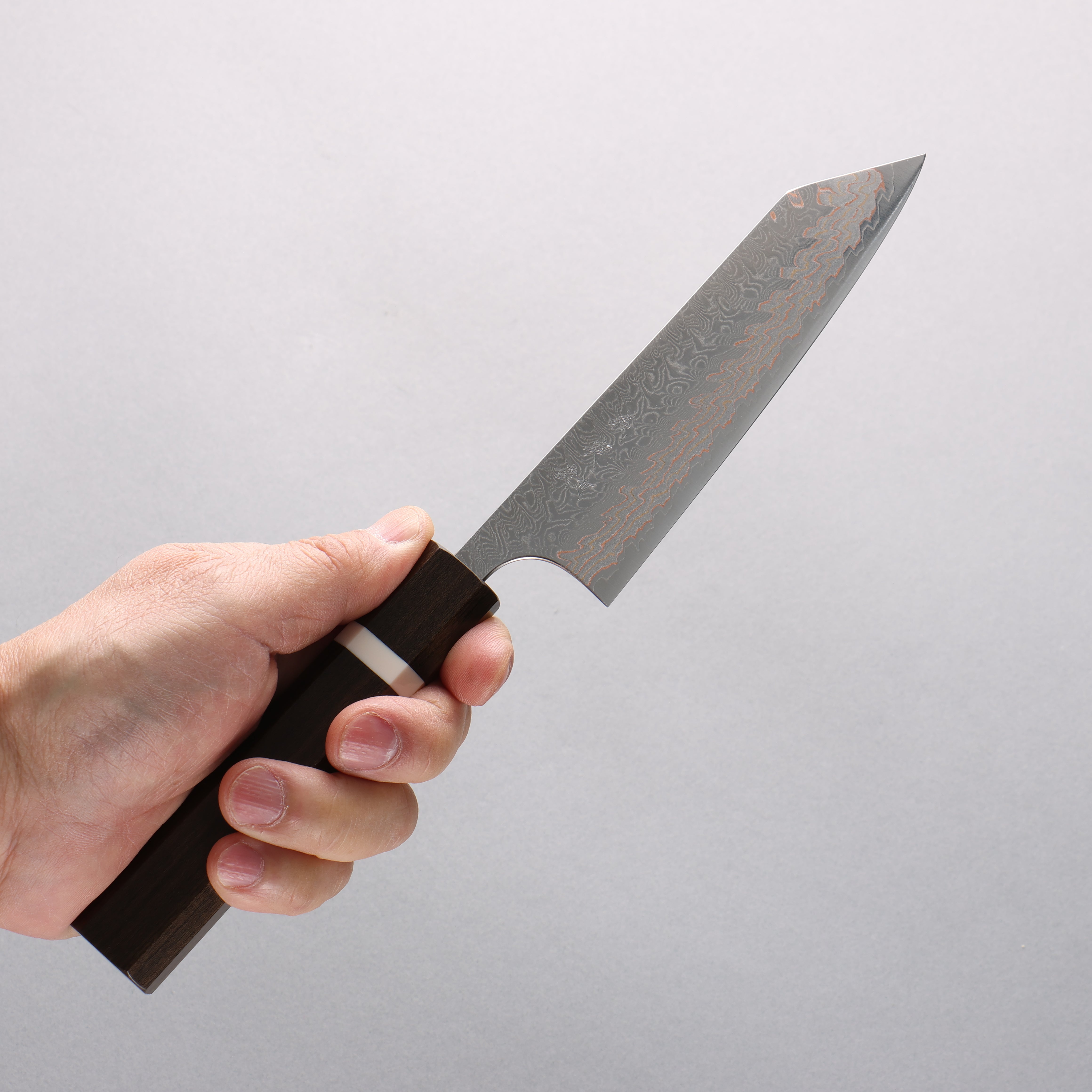 Yoshimi Kato VG10w Colored Damascus Migaki Finished Small Bunka 130mm Sandalwood with White Ring Handle - Seisuke Knife