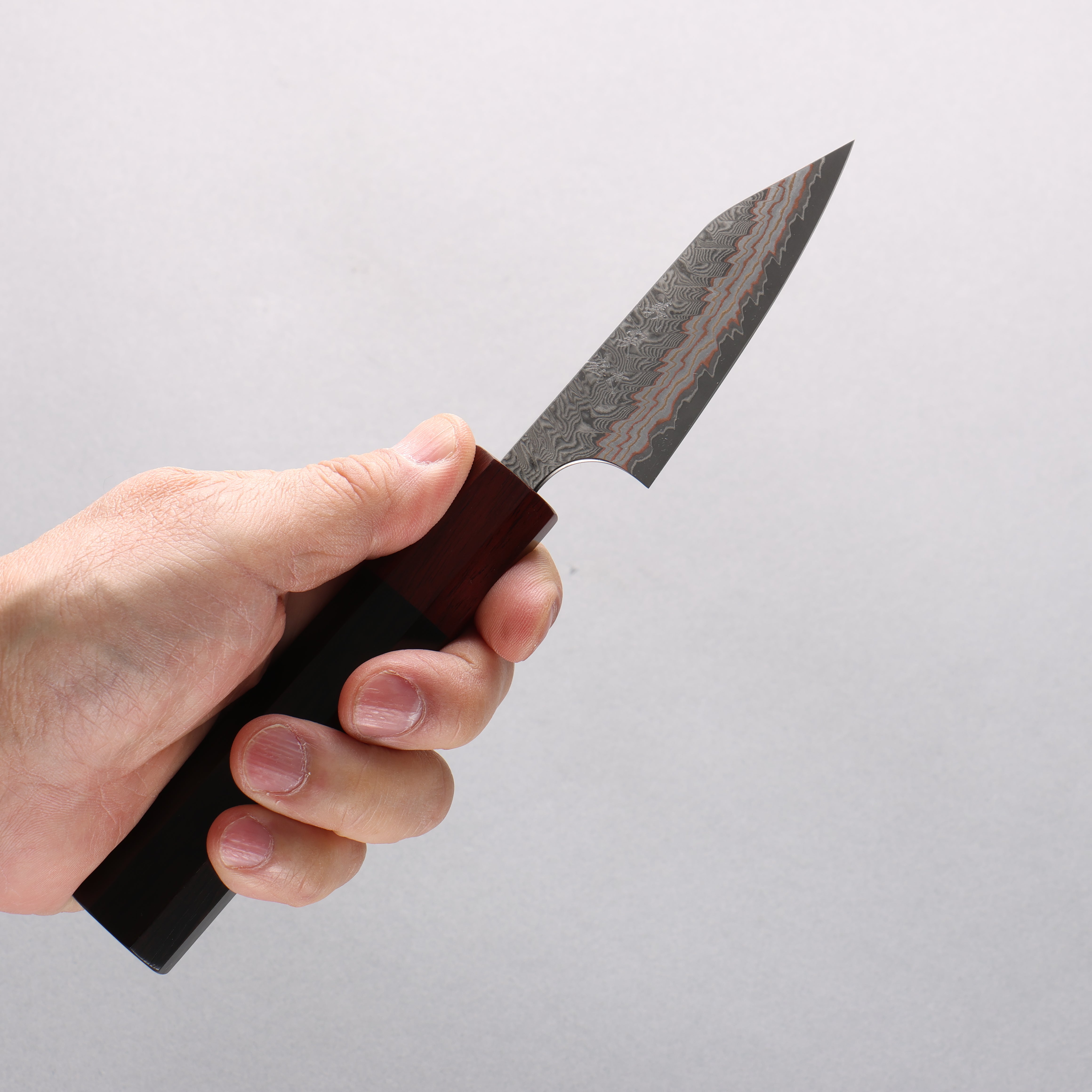 Yoshimi Kato VG10w Colored Damascus Kiritsuke Paring 80mm Ebony Wood & Sandalwood Handle - Seisuke Knife