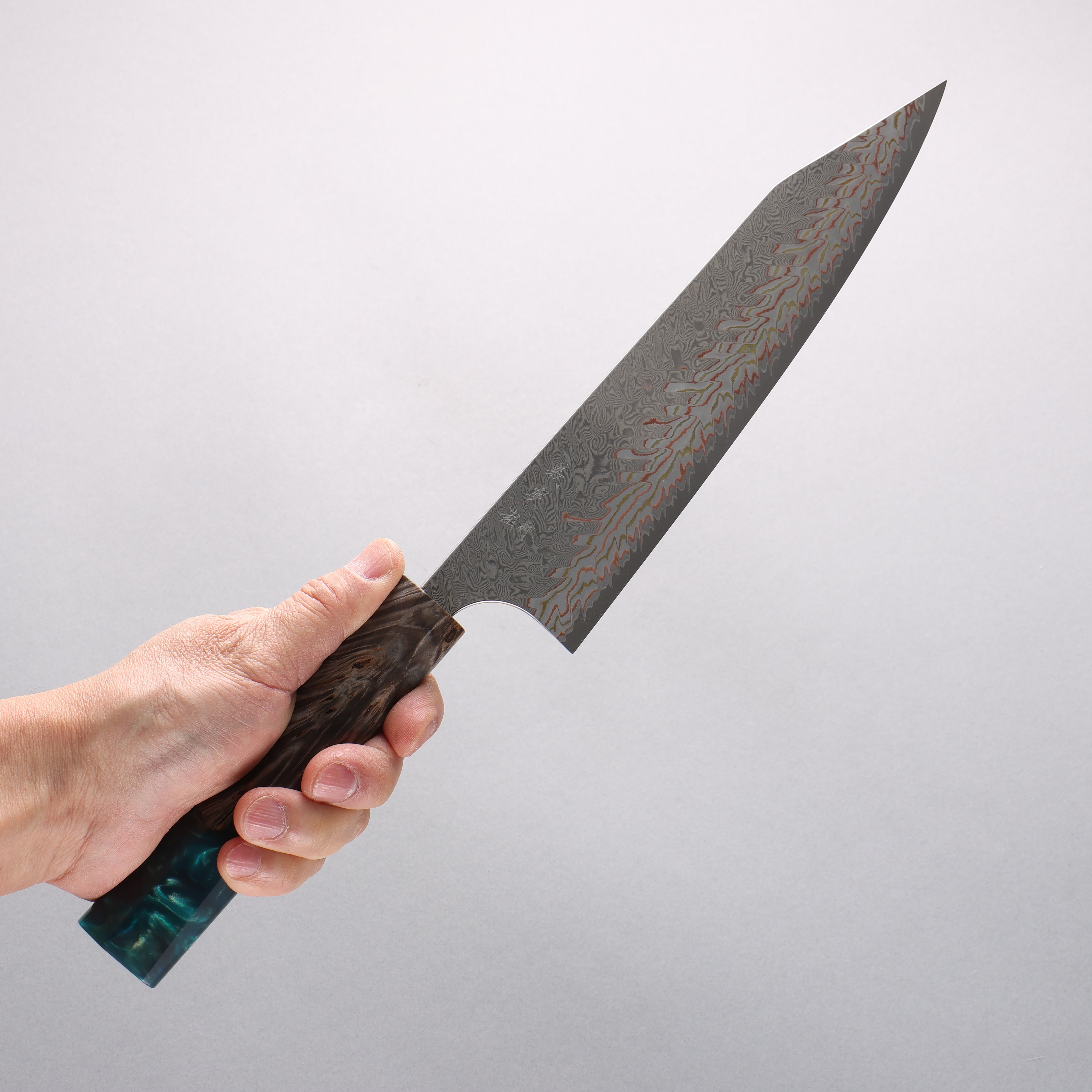 Yoshimi Kato VG10w Colored Damascus Kiritsuke Gyuto 210mm Black Stabilized Wood and Blue Resin (V Shaped) Handle - Seisuke Knife
