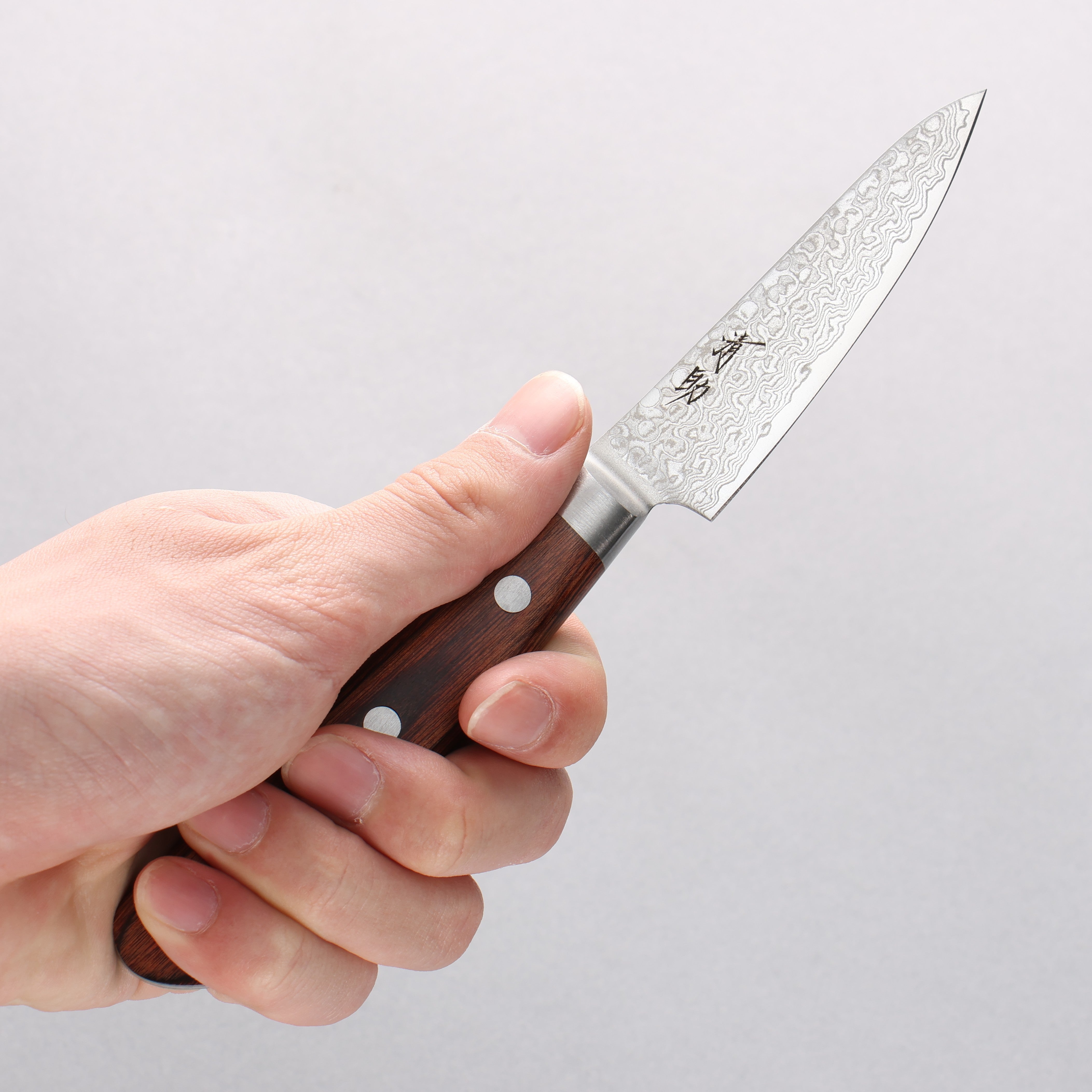 Seisuke Mokusei ZA-18 Mirrored Finish Damascus Petty-Utility 80mm Brown Pakkawood Handle - Seisuke Knife