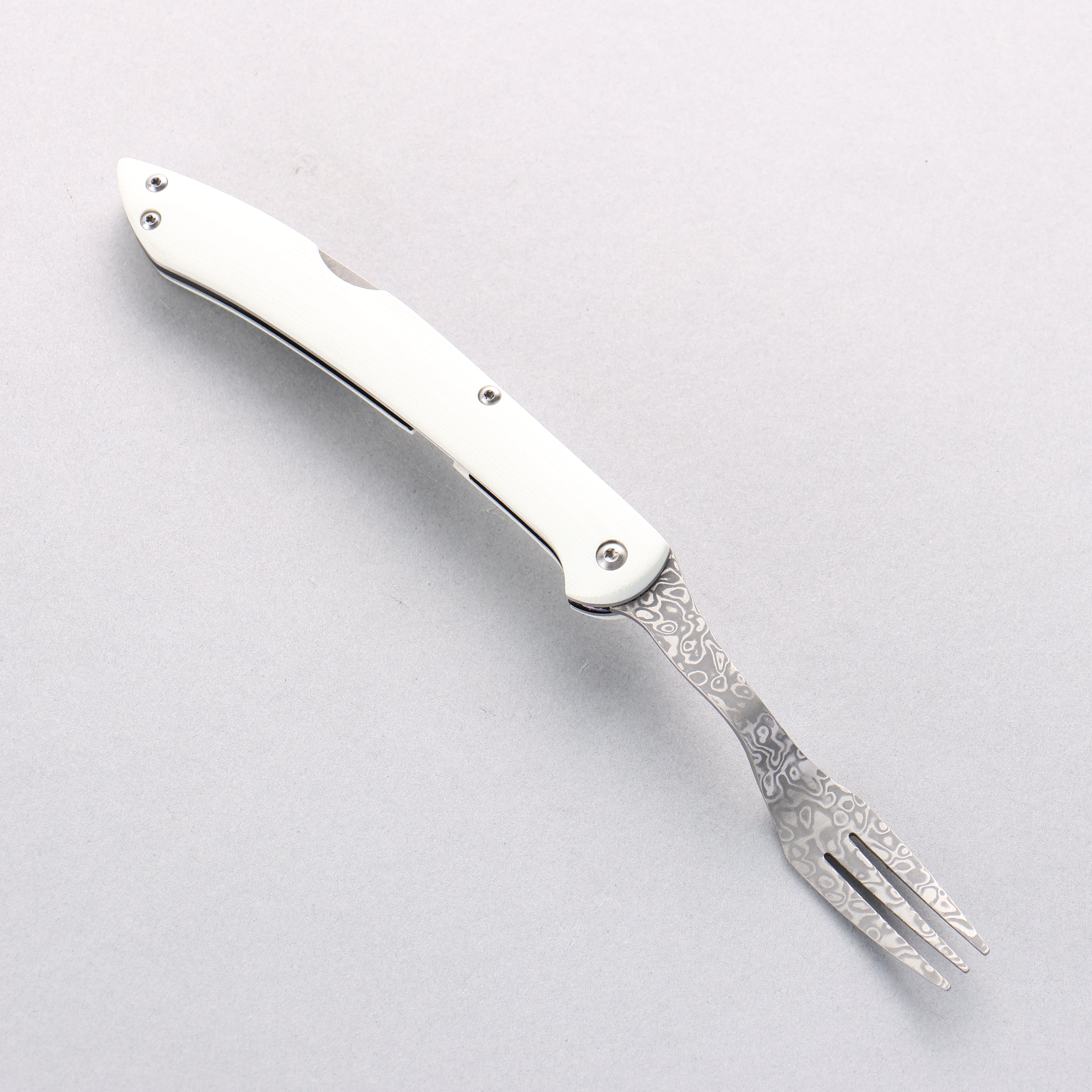 Takeshi Saji SG2 Black Damascus Folding Fork White Micarta Handle with Sheath - Seisuke Knife