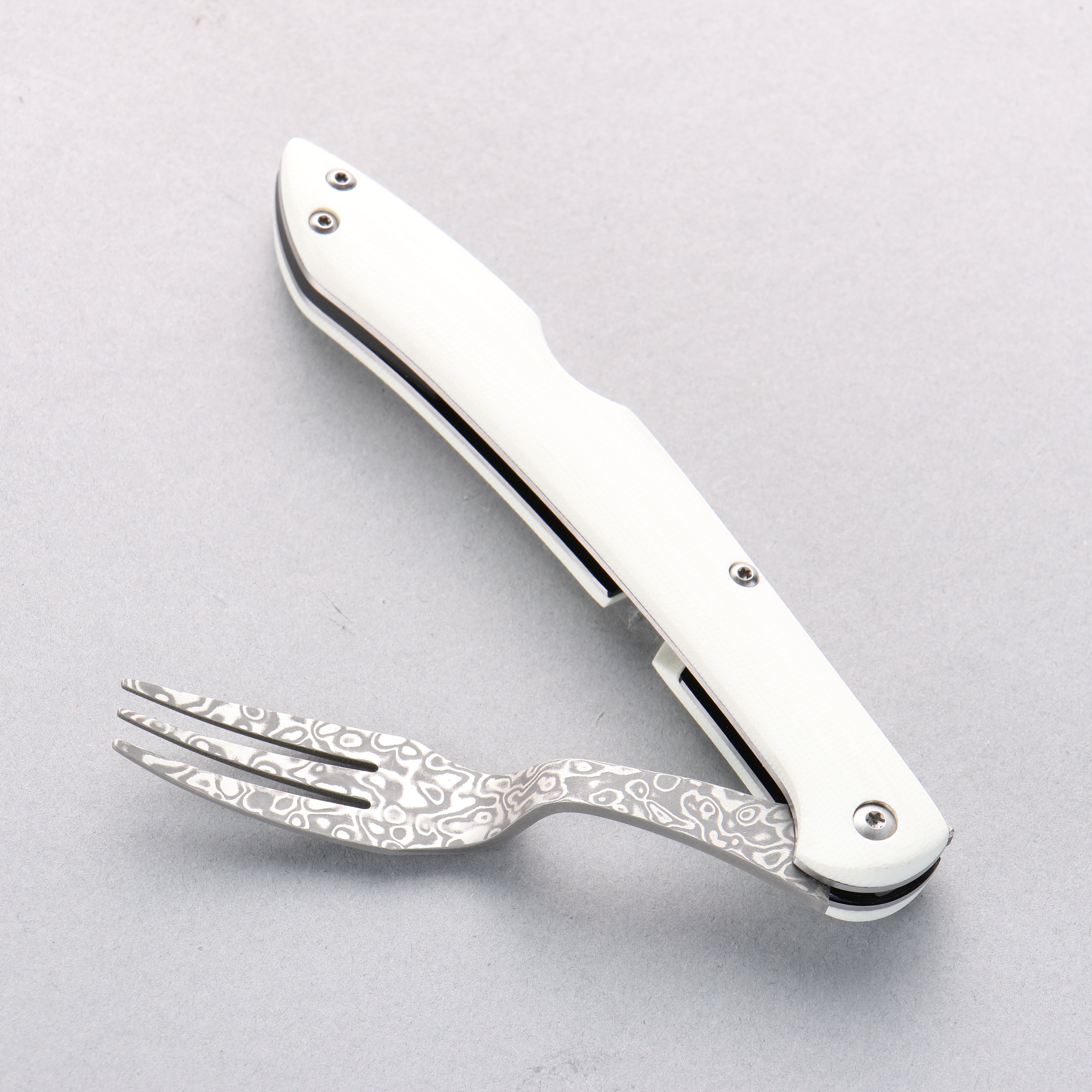 Takeshi Saji SG2 Black Damascus Folding Fork White Micarta Handle with Sheath - Seisuke Knife