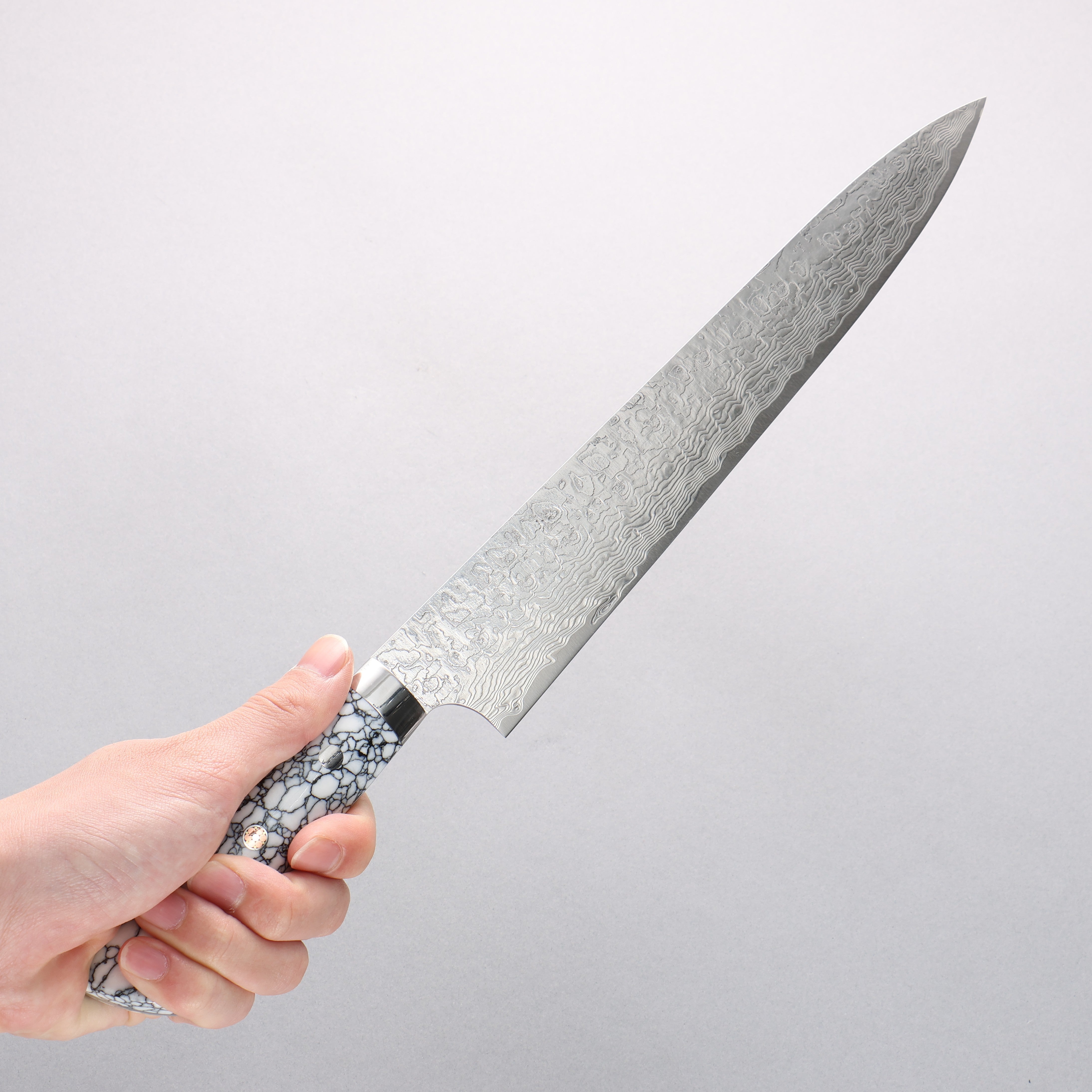 Takeshi Saji SG2 Diamond Finish Damascus Sujihiki 270mm White Turquoise Handle - Seisuke Knife
