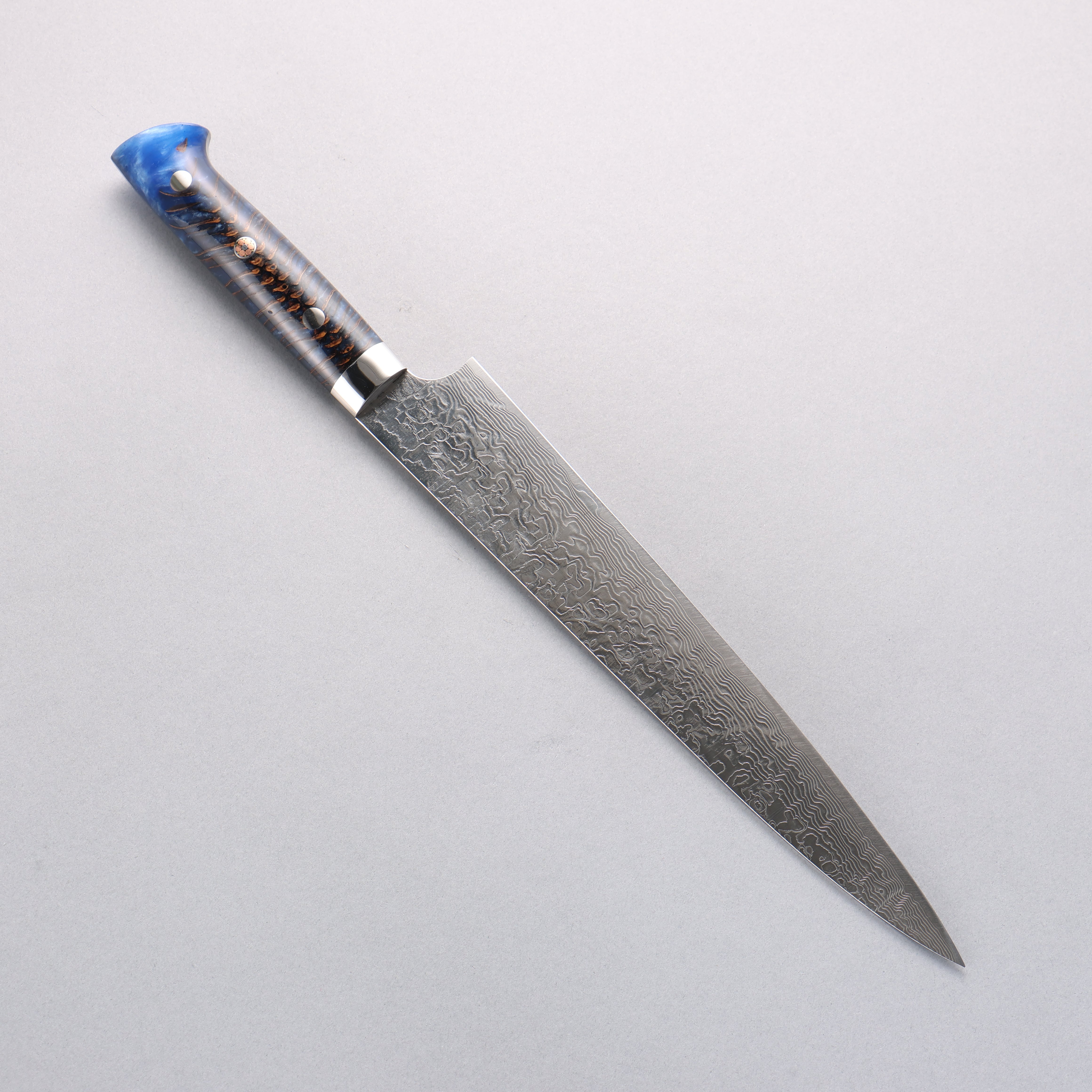 Takeshi Saji SG2 Diamond Finish Damascus Sujihiki 240mm Pine Cone and Blue Acrylic Handle - Seisuke Knife