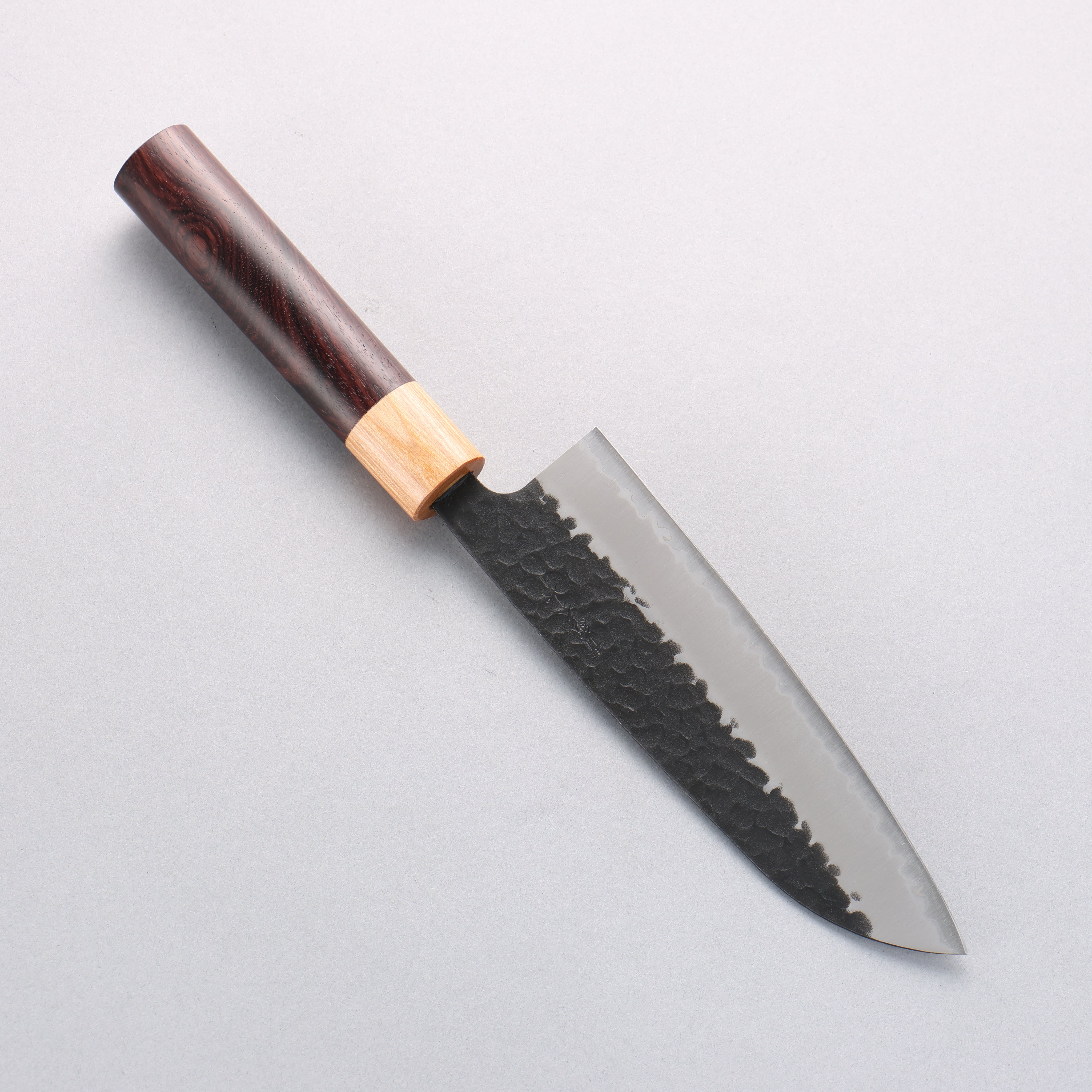 Seisuke Blue Super Hammered Kurouchi Santoku 170mm Rosewood Handle - Seisuke Knife