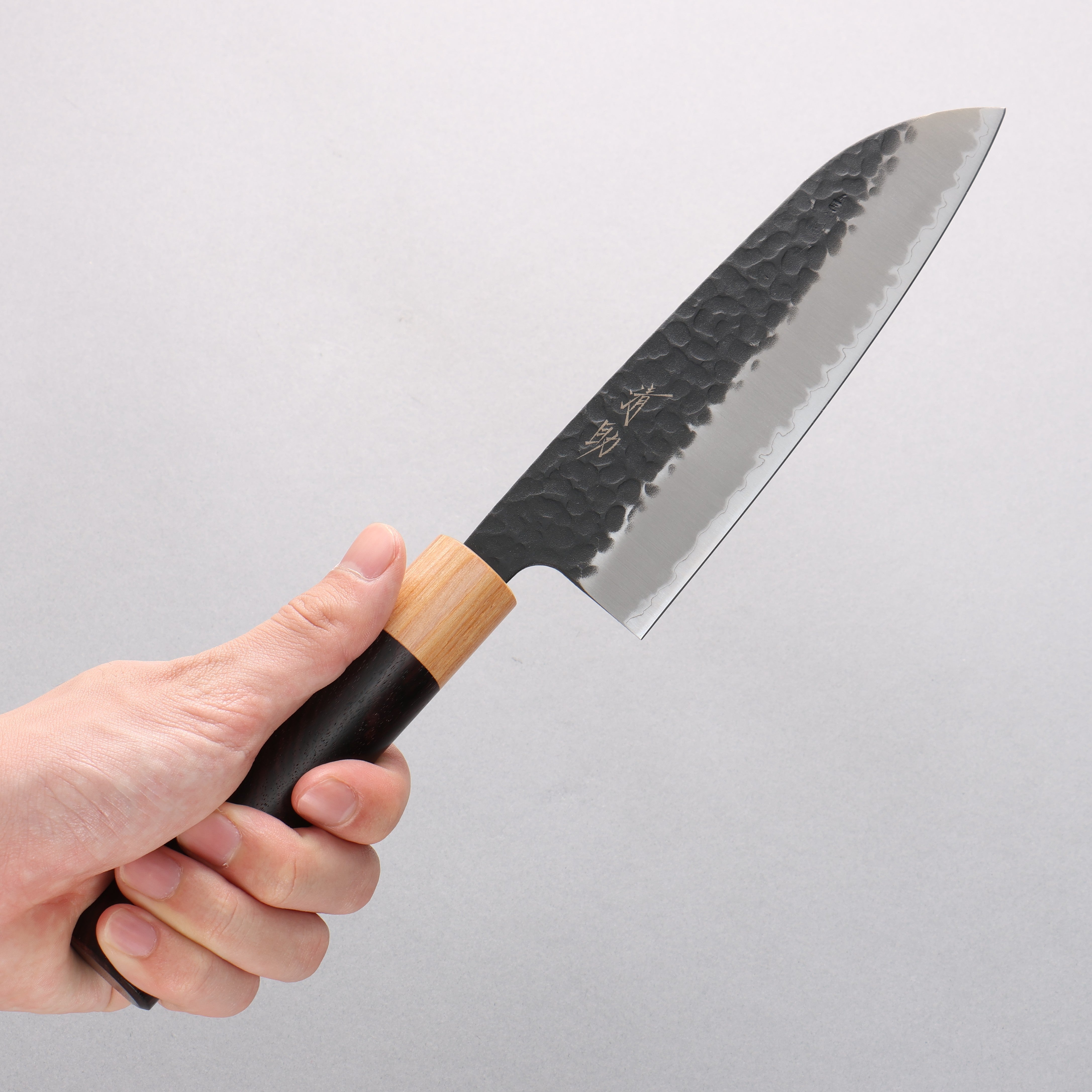 Seisuke Blue Super Hammered Kurouchi Santoku 170mm Rosewood Handle - Seisuke Knife
