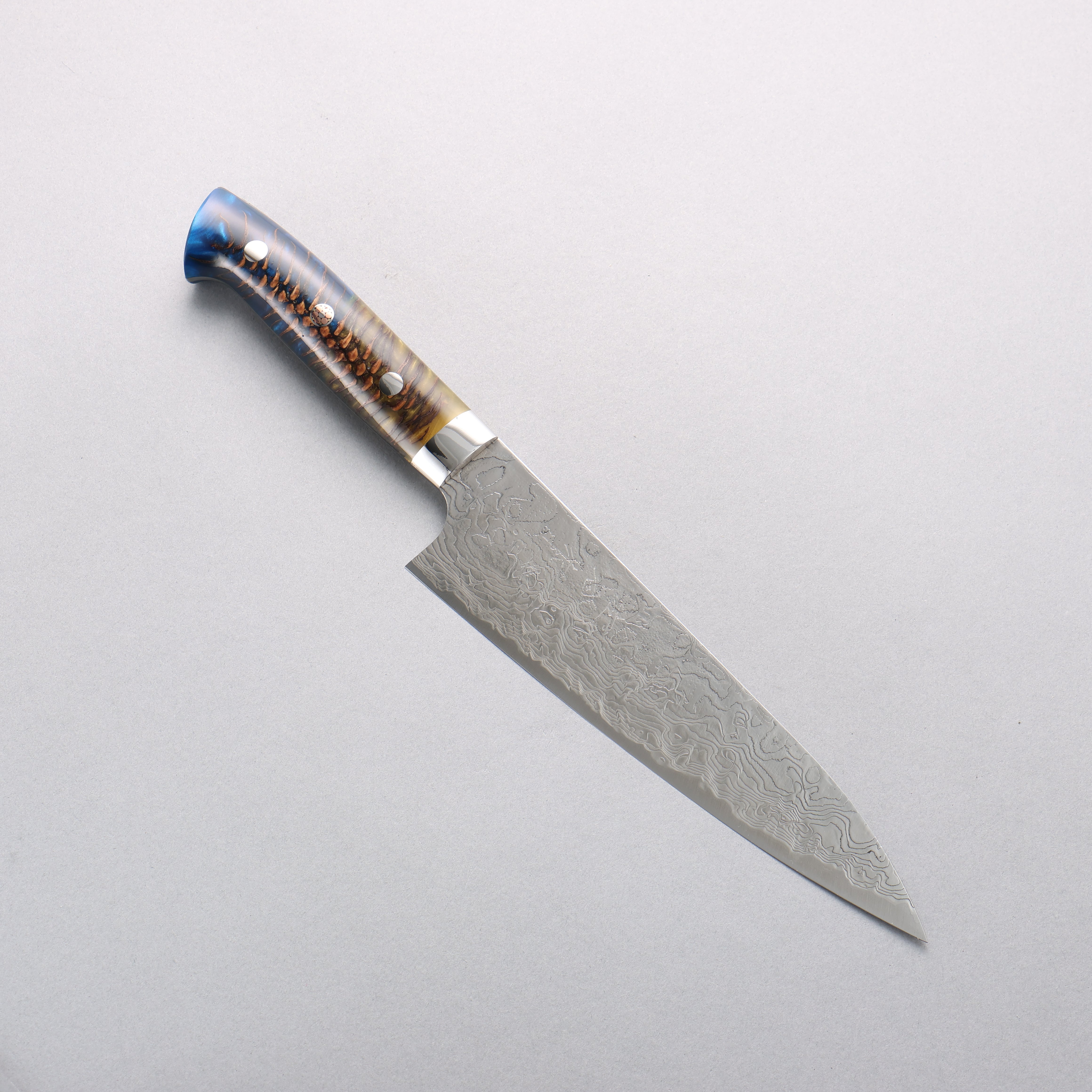 Takeshi Saji SG2 Diamond Finish Damascus Gyuto 180mm Pine Cone and Blue Acrylic Handle - Seisuke Knife