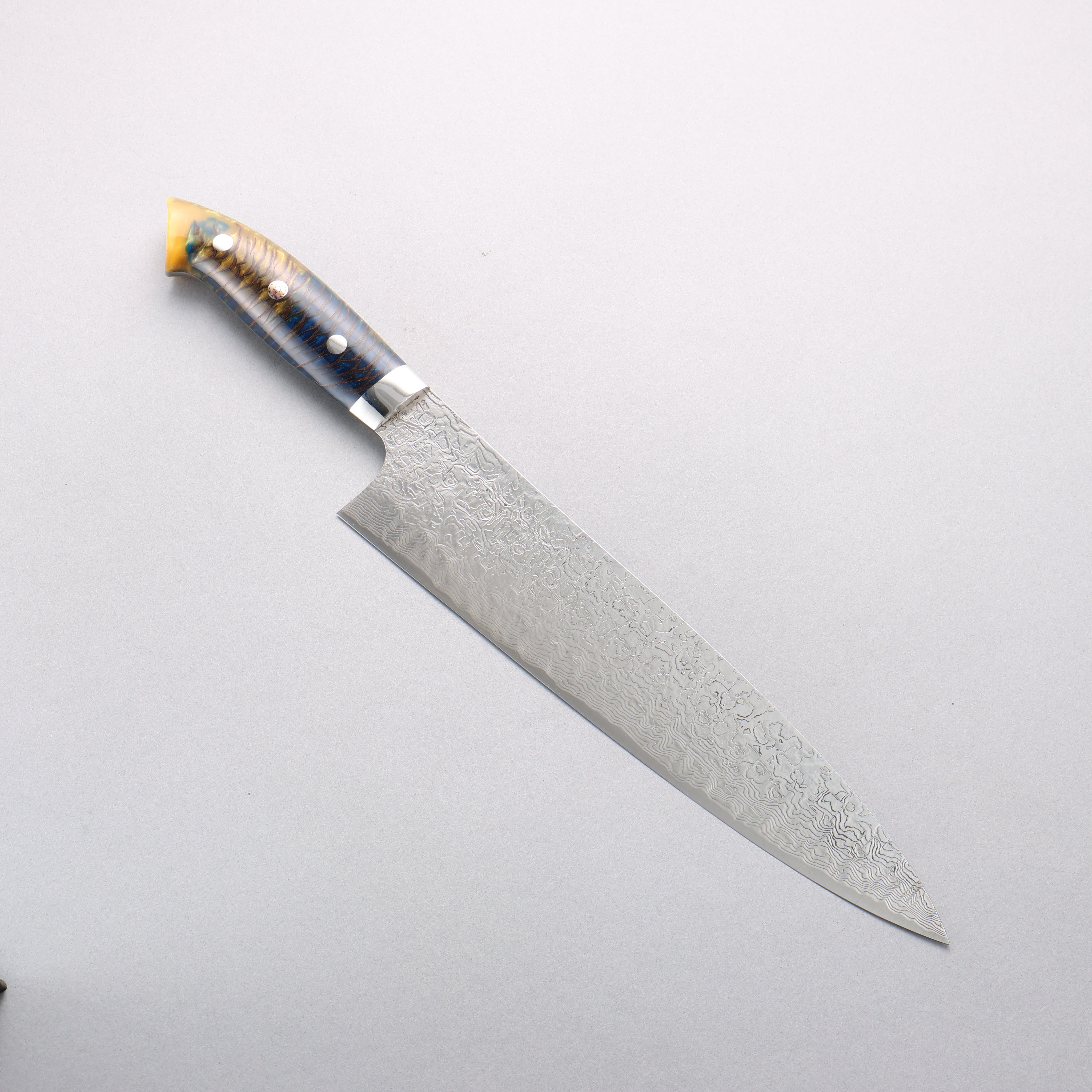 Takeshi Saji SG2 Diamond Finish Damascus Gyuto 240mm Pine Cone and Blue Acrylic Handle - Seisuke Knife