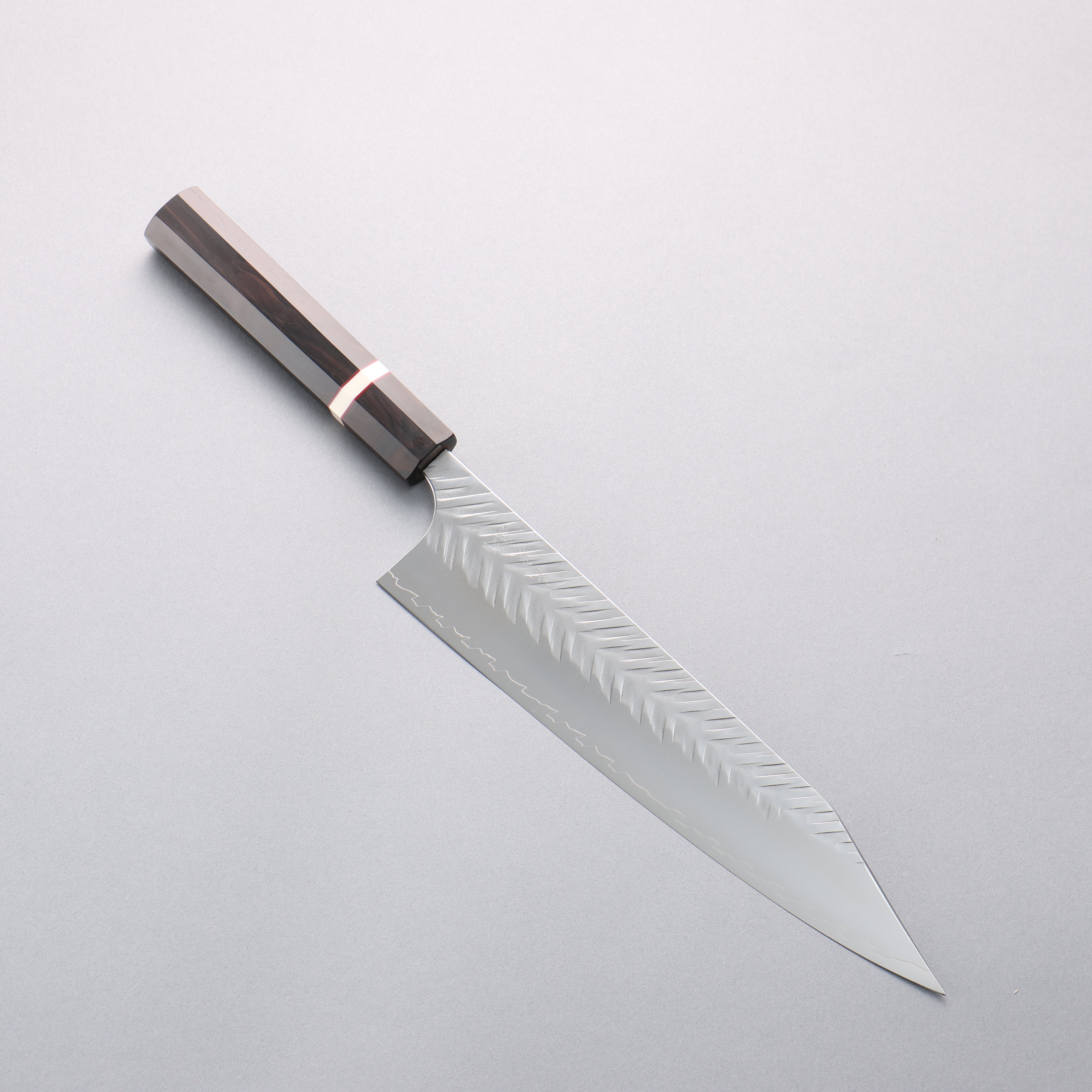 Yoshimi Kato SPG STRIX V-Hammered Kiritsuke Gyuto 240mm Ebony Wood & White Ring Handle - Seisuke Knife