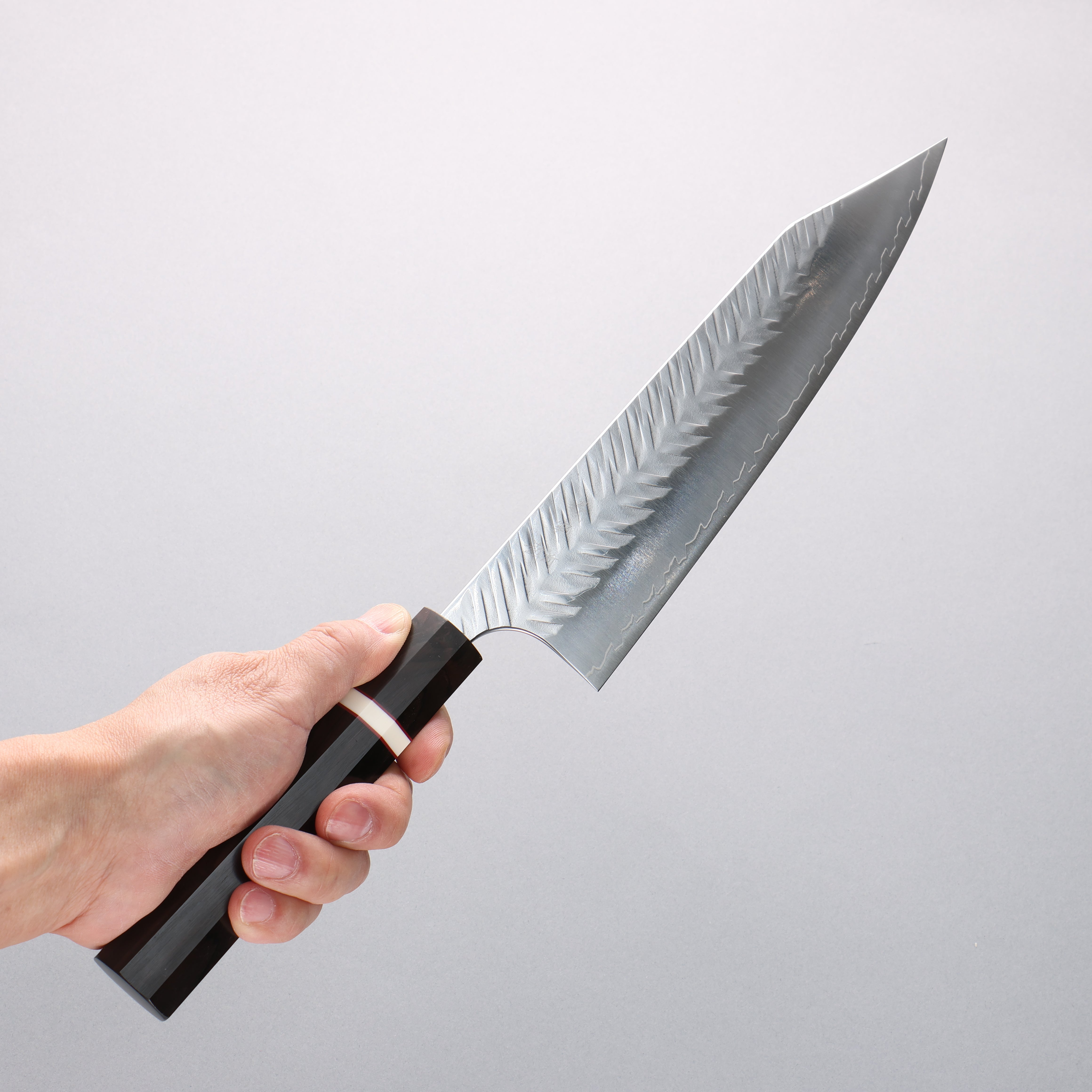 Yoshimi Kato SPG STRIX V-Hammered Kiritsuke Gyuto 240mm Ebony Wood & White Ring Handle - Seisuke Knife