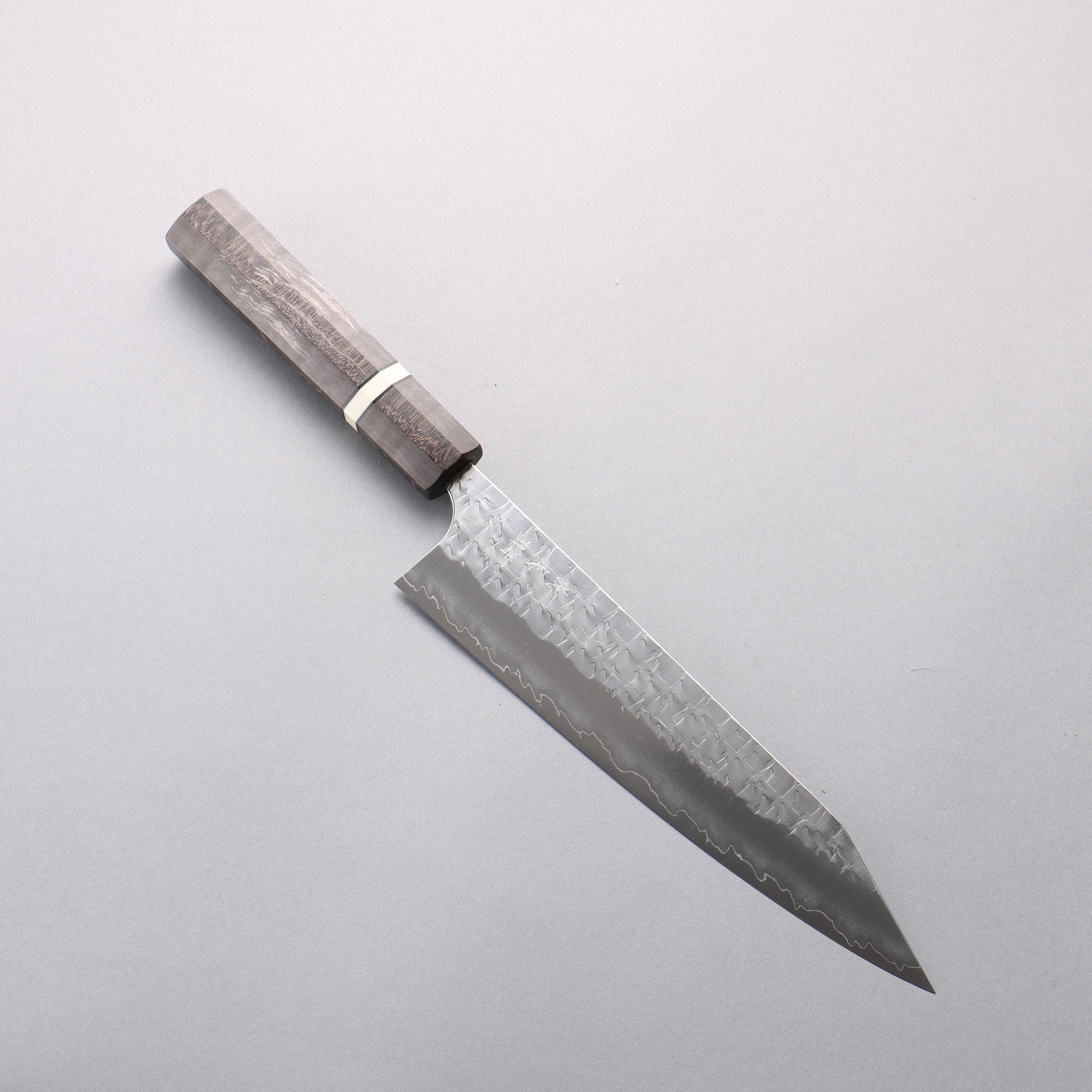 Yoshimi Kato Hyo SG2 Hammered Kiritsuke Gyuto 210mm Gray Stabilized Wood (White Ring) Handle - Seisuke Knife