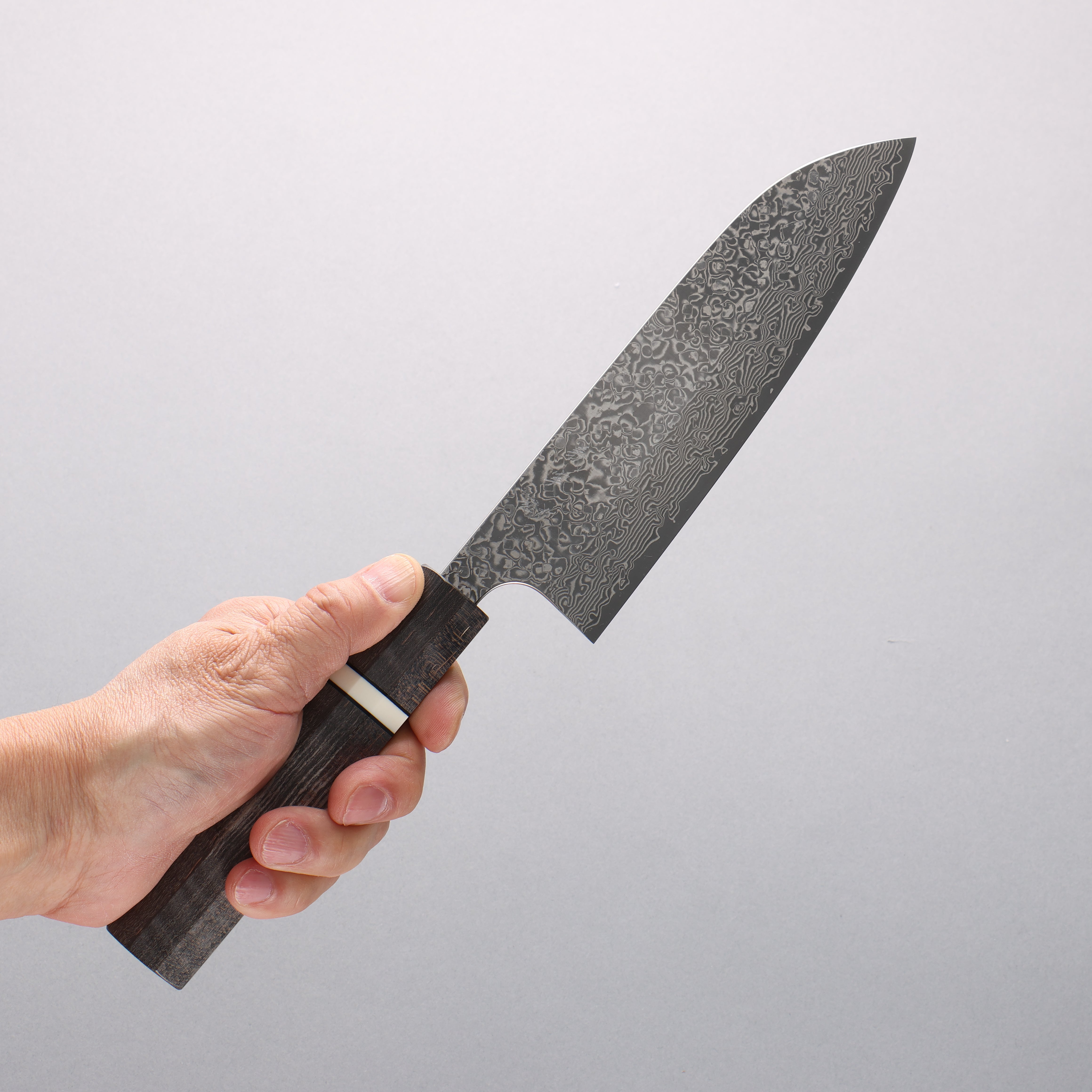 Yoshimi Kato VG10 Black Damascus Santoku 170mm Gray Stabilized Wood (White Ring) Handle - Seisuke Knife